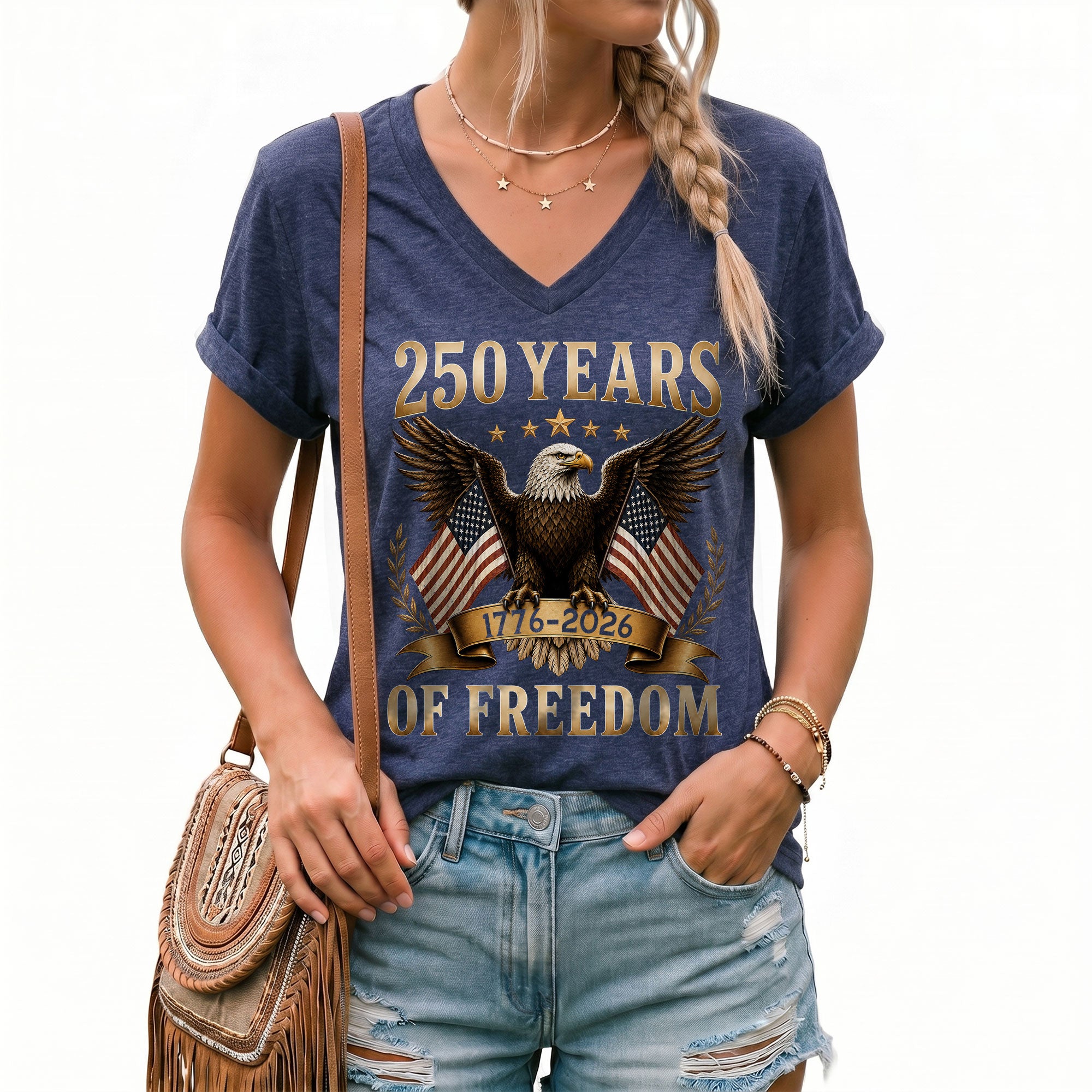 Women V Neck 250 Years of Freedom Shirt 1776 2026 Gold Eagle Patriotic US Flag Tee