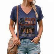 Women V Neck 250 Years of Freedom Shirt 1776 2026 Liberty Bell Patriotic Soldier Tee