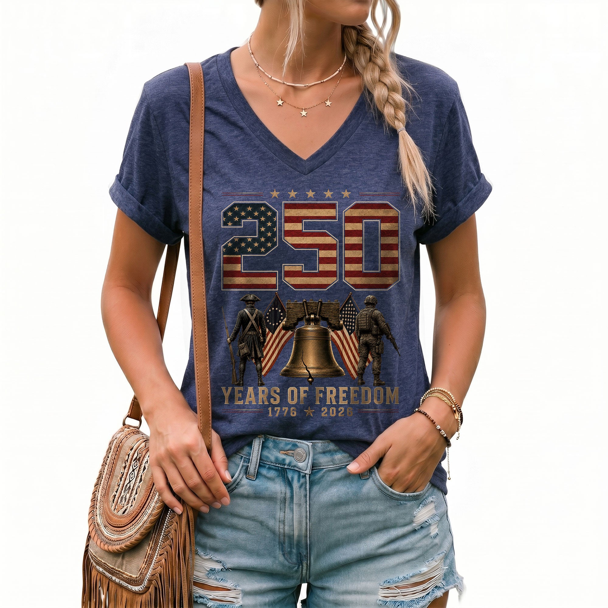 Women V Neck 250 Years of Freedom Shirt 1776 2026 Liberty Bell Patriotic Soldier Tee