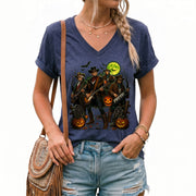 Halloween Lincoln Playing Guitar V-Neck Shirt Women Spooky Historical Rock Band Tee