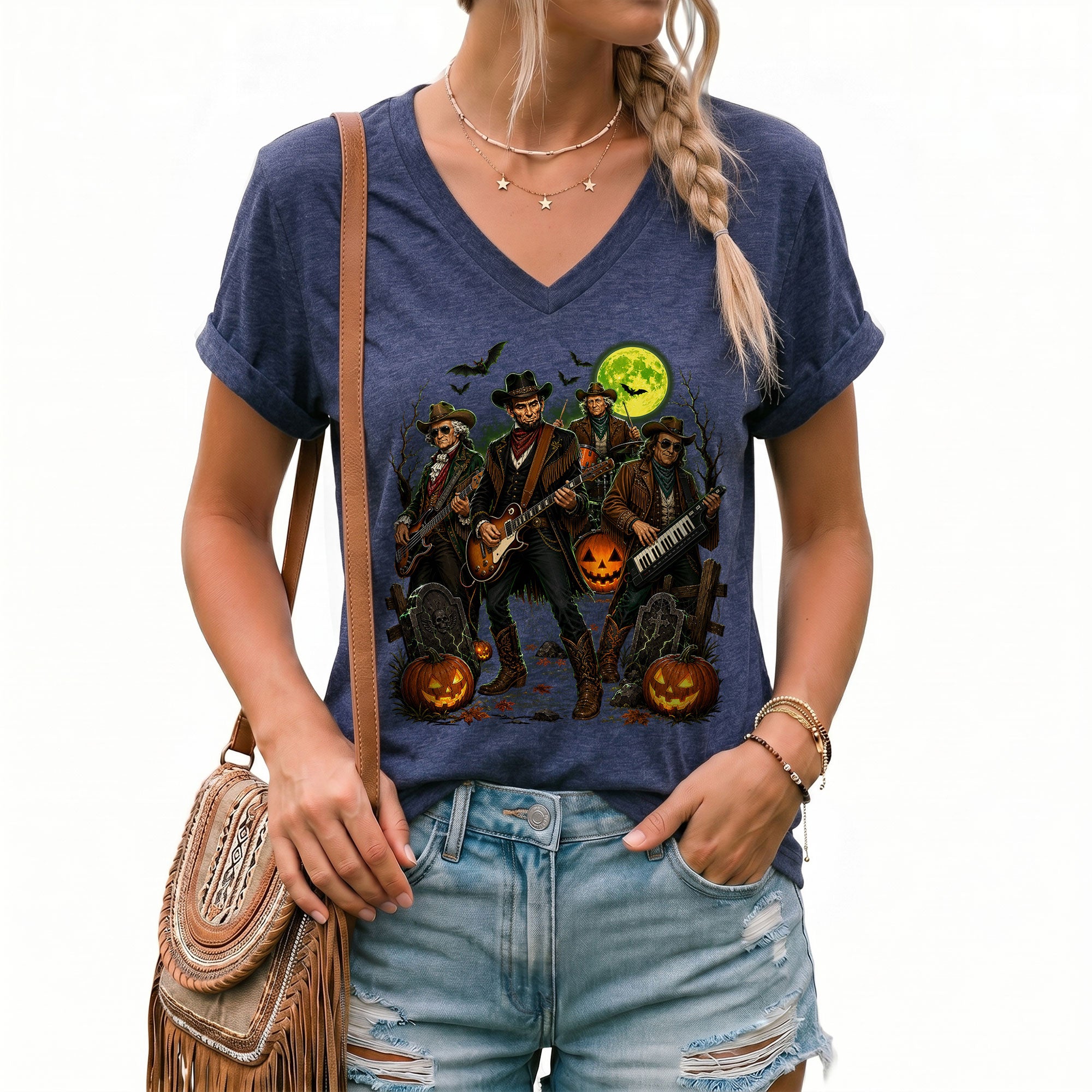 Halloween Lincoln Playing Guitar V-Neck Shirt Women Spooky Historical Rock Band Tee
