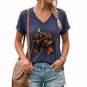 Lincoln Playing Guitar Halloween V-Neck Shirt Women Spooky Presidents Cornfield Tee