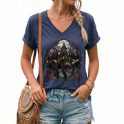 Lincoln Playing Guitar Halloween V-Neck Shirt Women Spooky Haunted Castle Band Tee