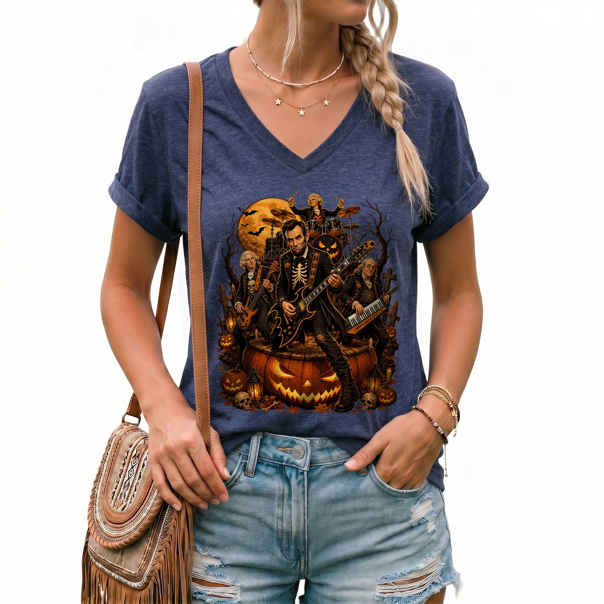 Lincoln Skeleton Guitar Halloween V-Neck Shirt Women Spooky Giant Pumpkin Band Tee