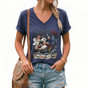 One Boo At A Time Halloween V-Neck Shirt Women Cute Patriotic Pirate Ghost Ship Tee