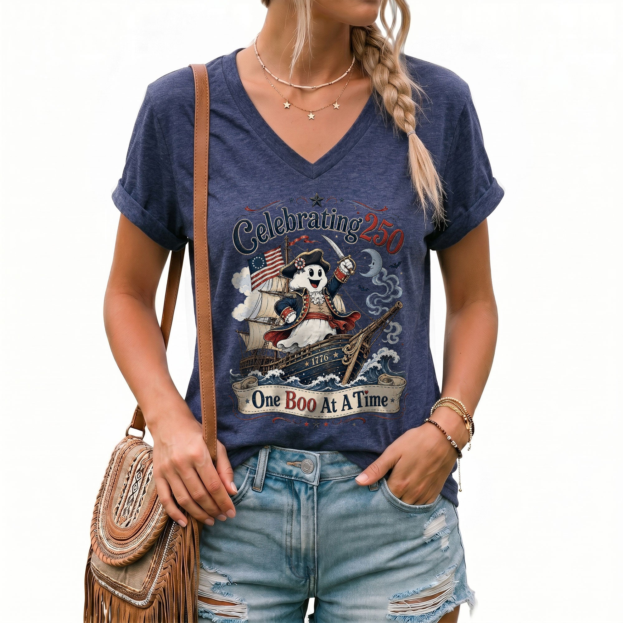 One Boo At A Time Halloween V-Neck Shirt Women Cute Patriotic Pirate Ghost Ship Tee