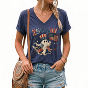 Patriotic Ghost Halloween V-Neck Shirt Women Cute Southern Y'all Uncle Sam Hat Tee