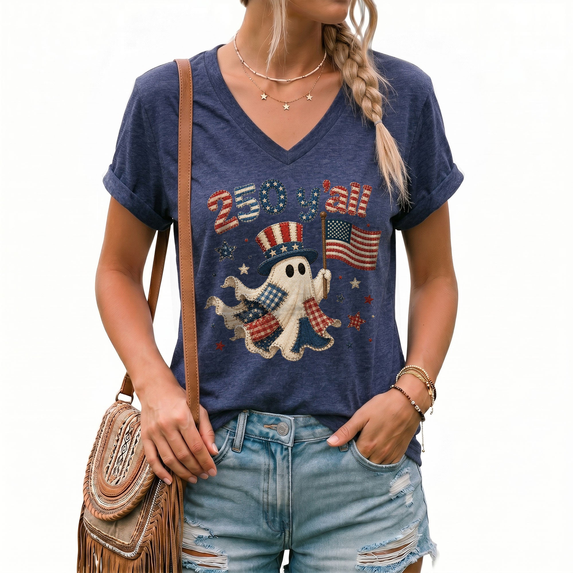 Patriotic Ghost Halloween V-Neck Shirt Women Cute Southern Y'all Uncle Sam Hat Tee