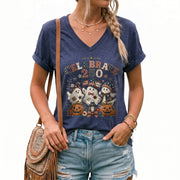 Patriotic Ghost Halloween V-Neck Shirt Women Cute Spooky Celebrate Party Graphic Tee