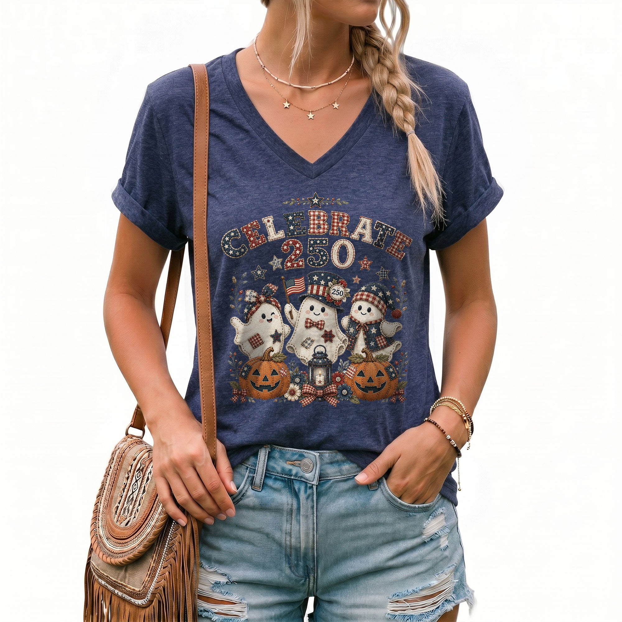 Patriotic Ghost Halloween V-Neck Shirt Women Cute Spooky Celebrate Party Graphic Tee