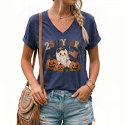 Cute Patriotic Ghost Halloween V-Neck Shirt Women Spooky Pumpkin Flag Graphic Tee