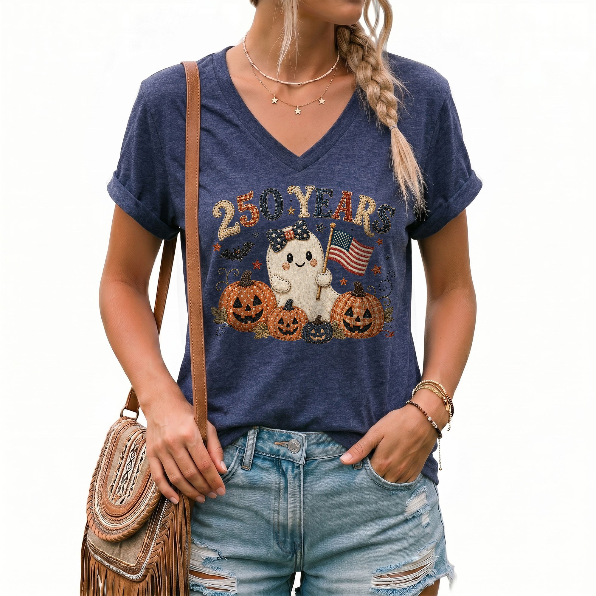 Cute Patriotic Ghost Halloween V-Neck Shirt Women Spooky Pumpkin Flag Graphic Tee