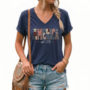 Patriotic America Est. 1776 V-Neck Tee - Women's Custom Graphic Summer Top