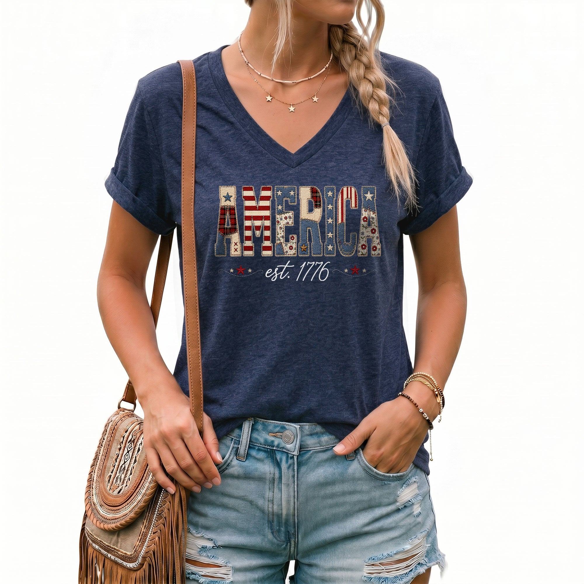 Patriotic America Est. 1776 V-Neck Tee - Women's Custom Graphic Summer Top