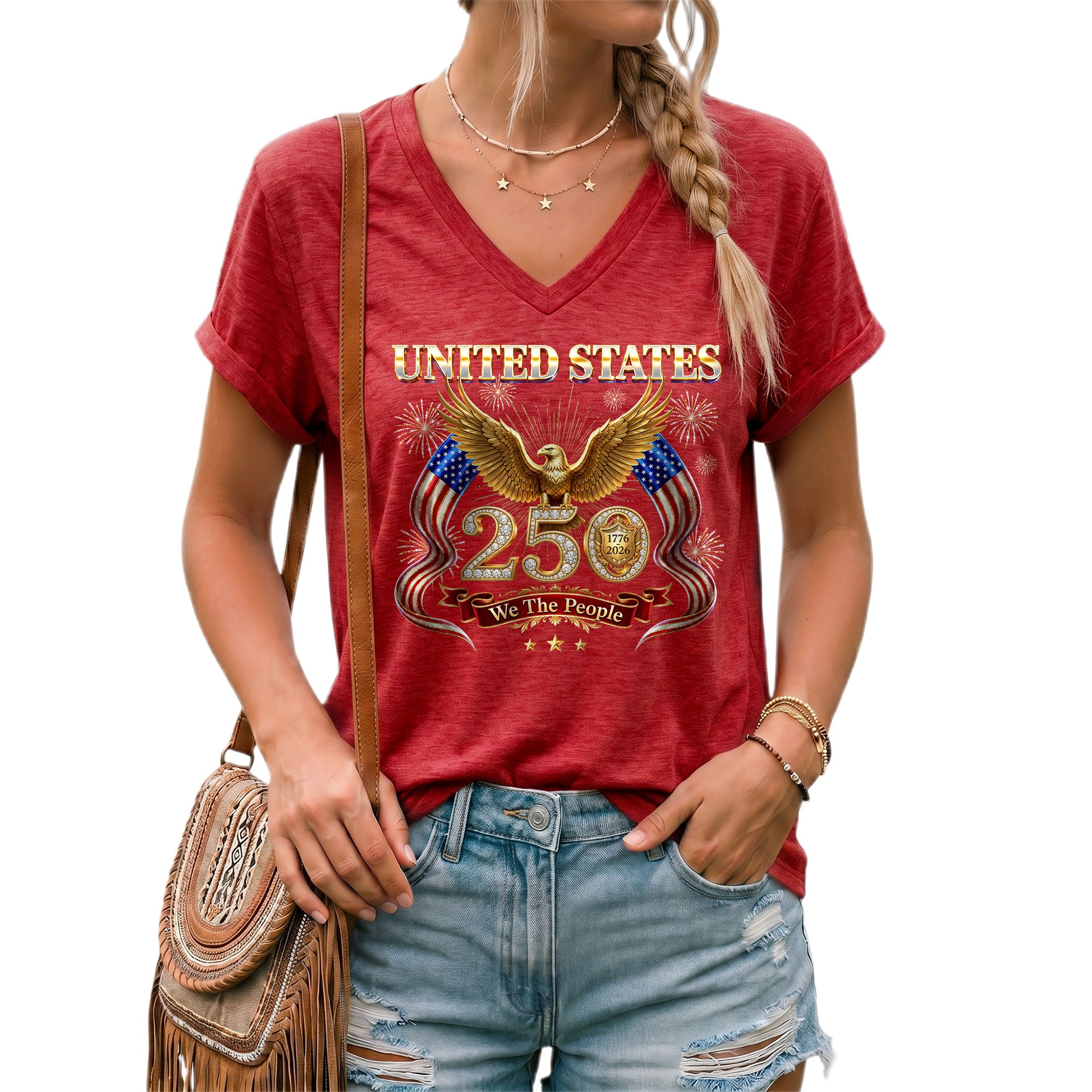 United States 250 Year Anniversary T Shirt Patriotic American V Neck Graphic Tee Unisex