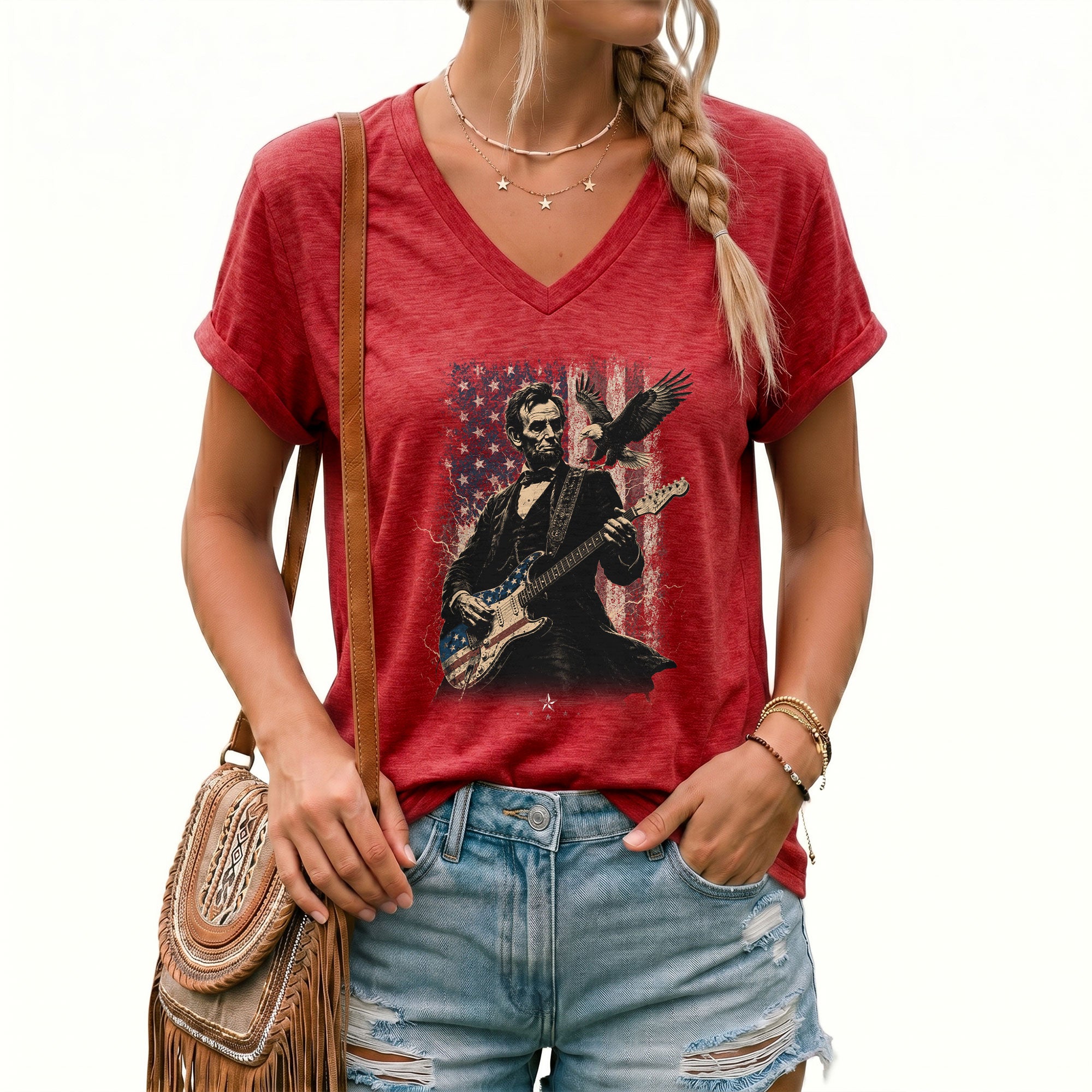 Abraham Lincoln Playing Guitar V-neck Shirt - Patriotic American Flag Graphic Tee