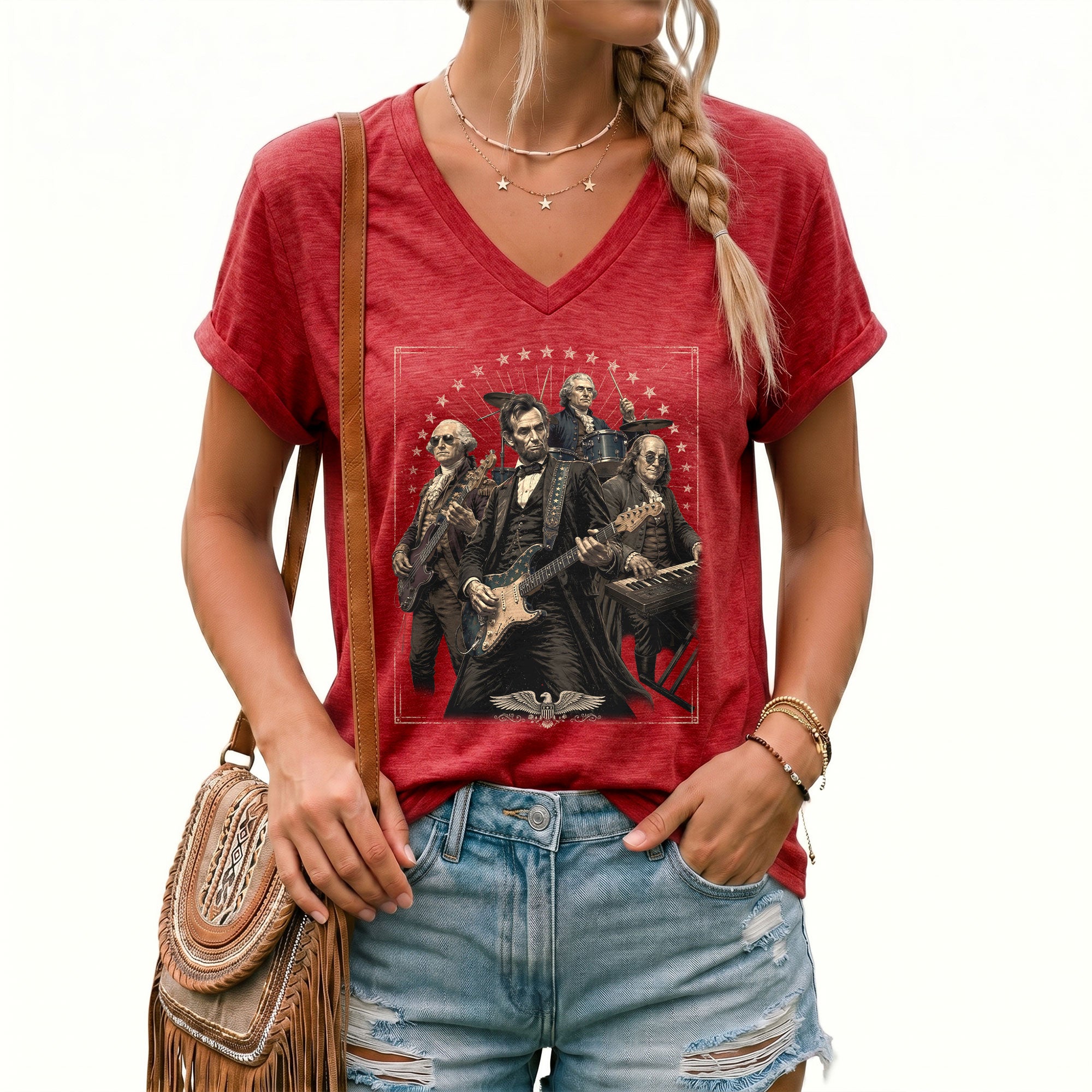 US Founding Fathers Rock Band V-neck Shirt - Vintage American Patriotic Graphic Tee