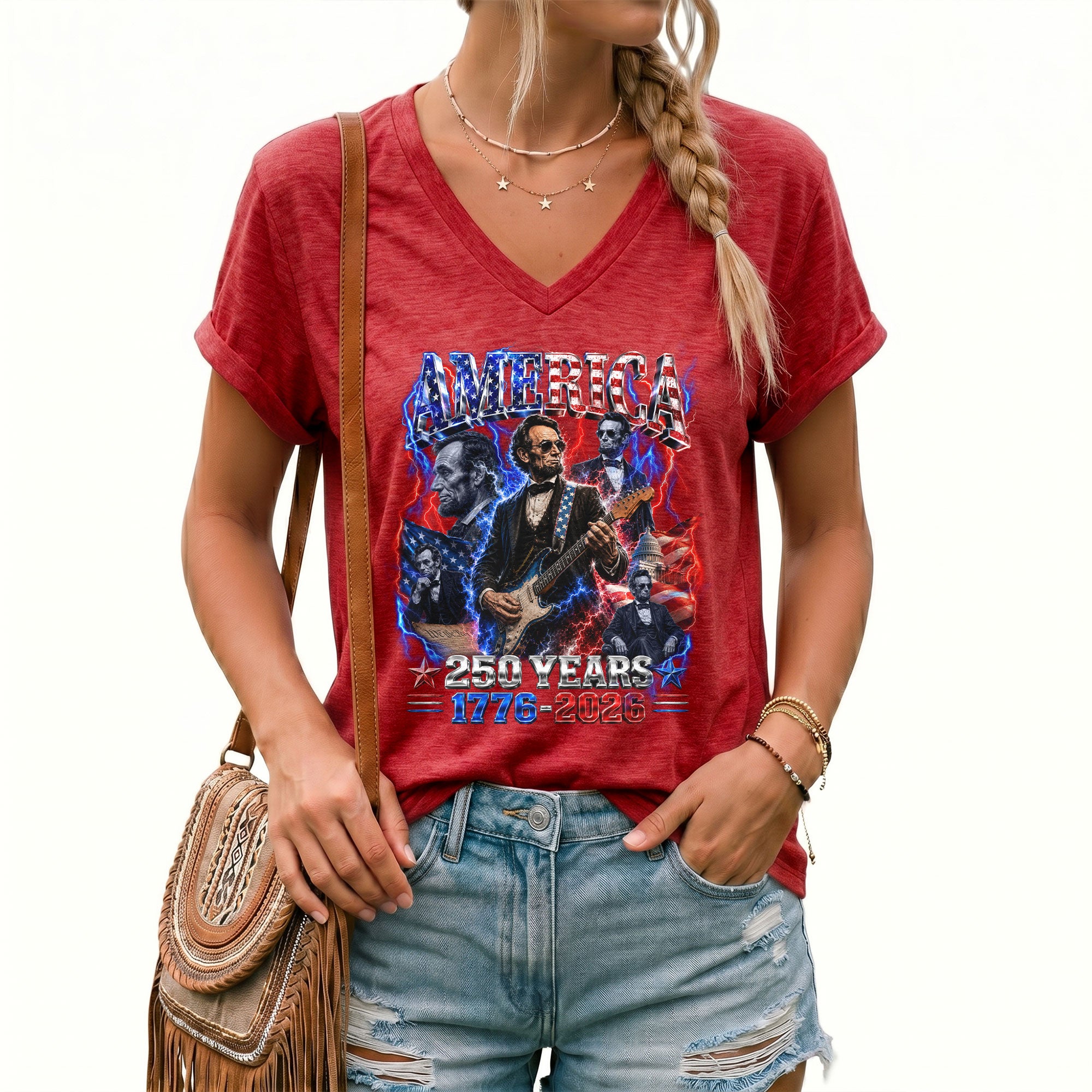 Patriotic Abraham Lincoln Rock Guitar V-neck Shirt - 1776-2026 Historical Graphic Tee