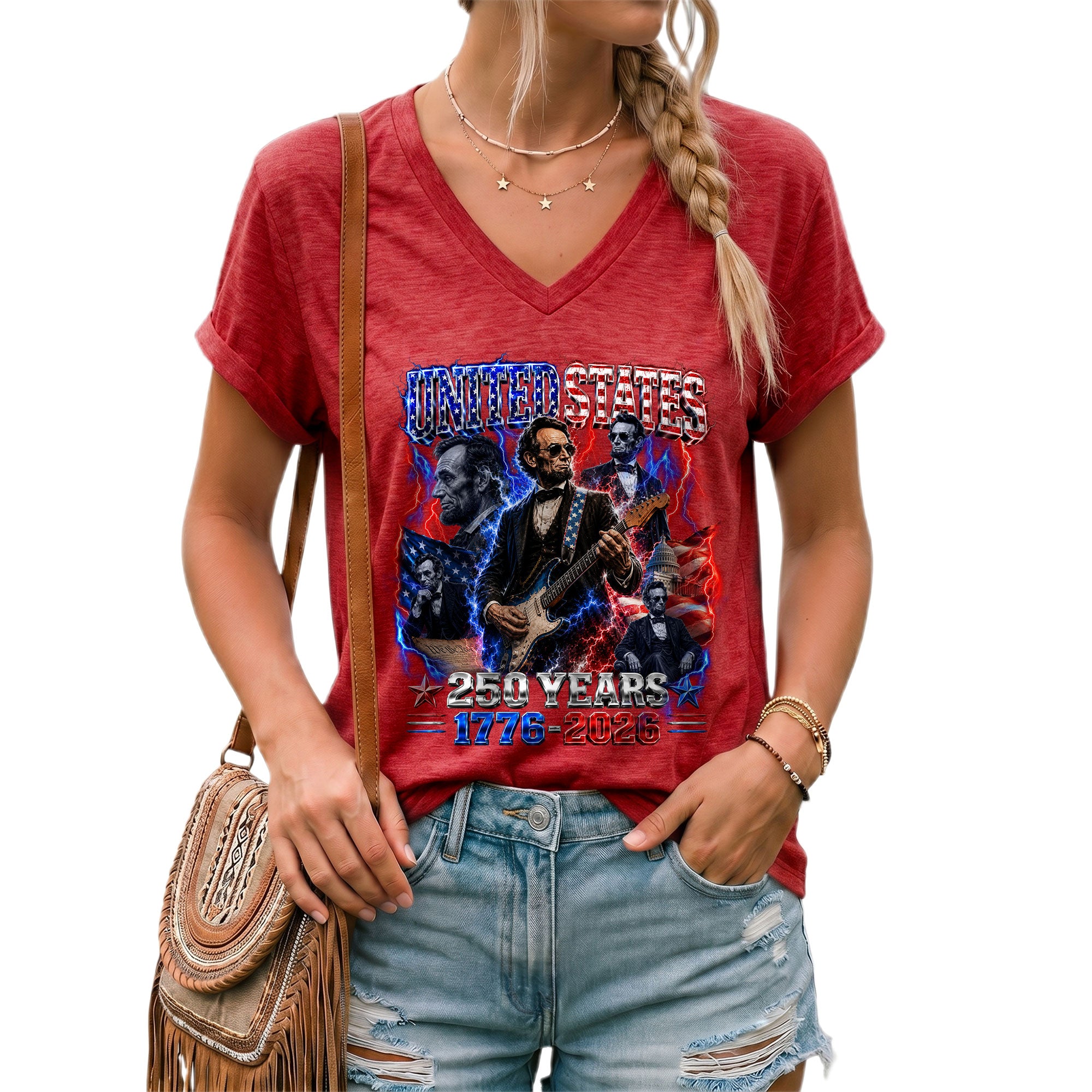 Patriotic Abraham Lincoln Rock Guitar V-neck Shirt - 1776-2026 Historical Graphic Tee