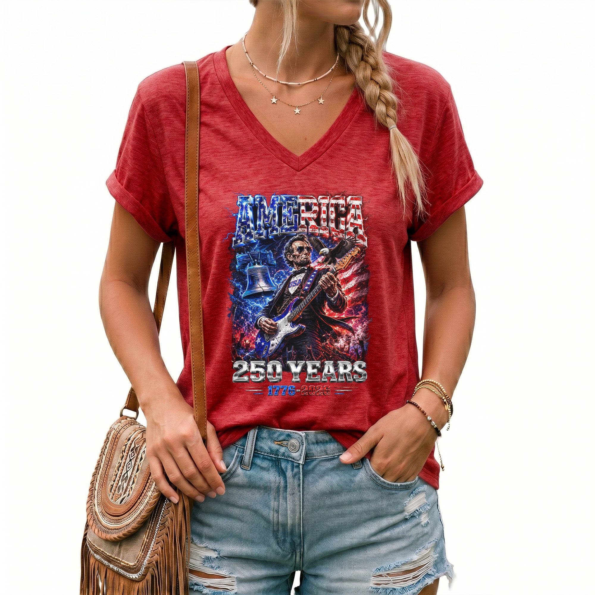 Vintage Abraham Lincoln Rocker V-neck Shirt - Patriotic USA 1776-2026 Graphic Apparel