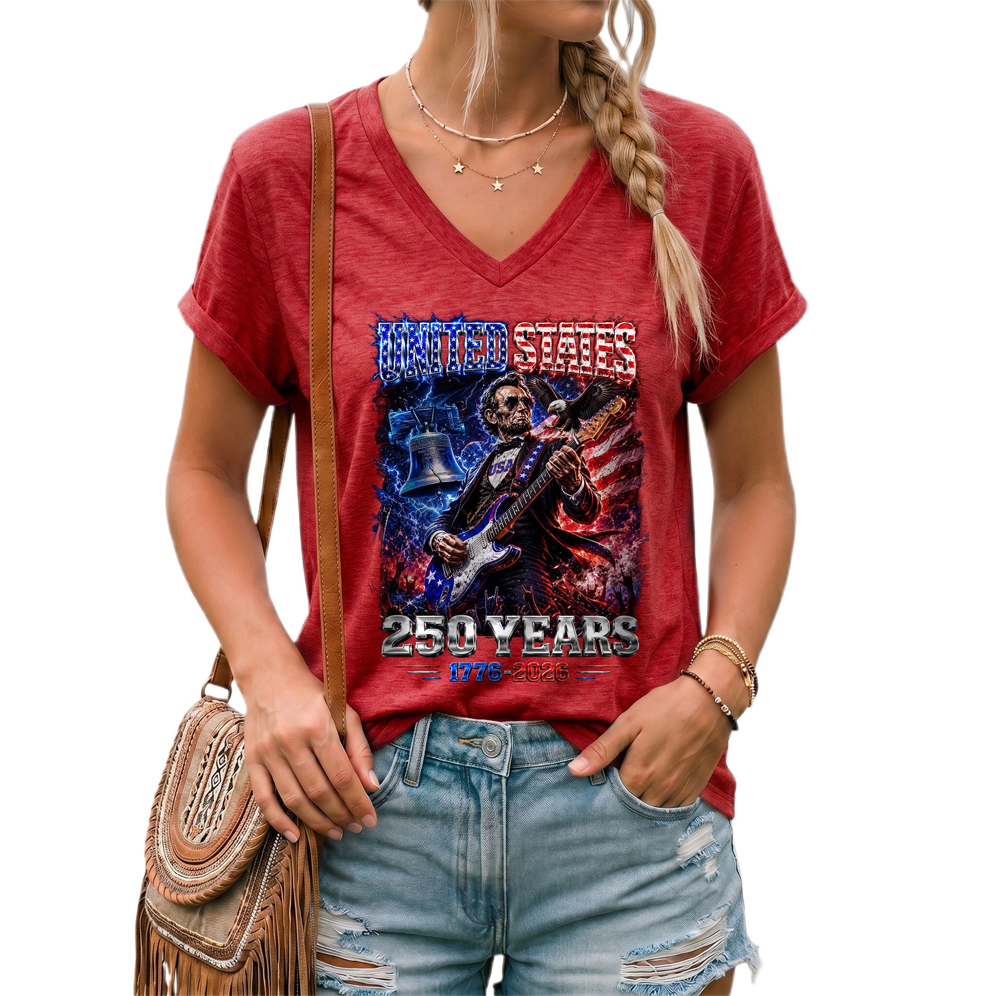 Vintage Abraham Lincoln Rocker V-neck Shirt - Patriotic USA 1776-2026 Graphic Apparel