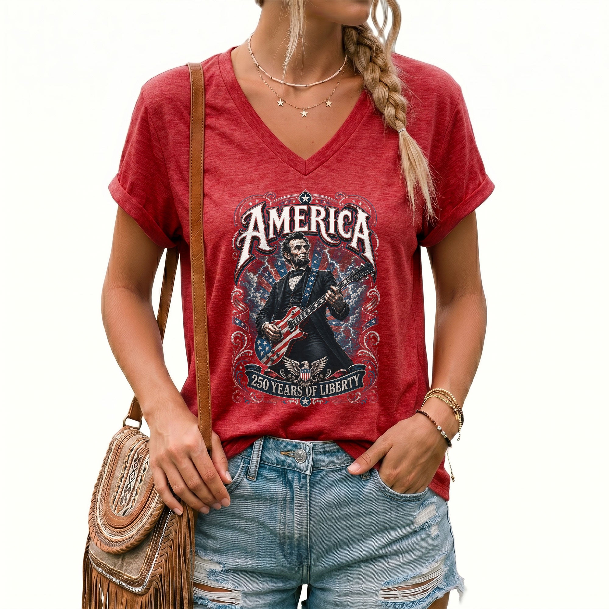 Patriotic Abraham Lincoln Guitarist V-neck Shirt - 250 Years of Liberty Graphic Apparel