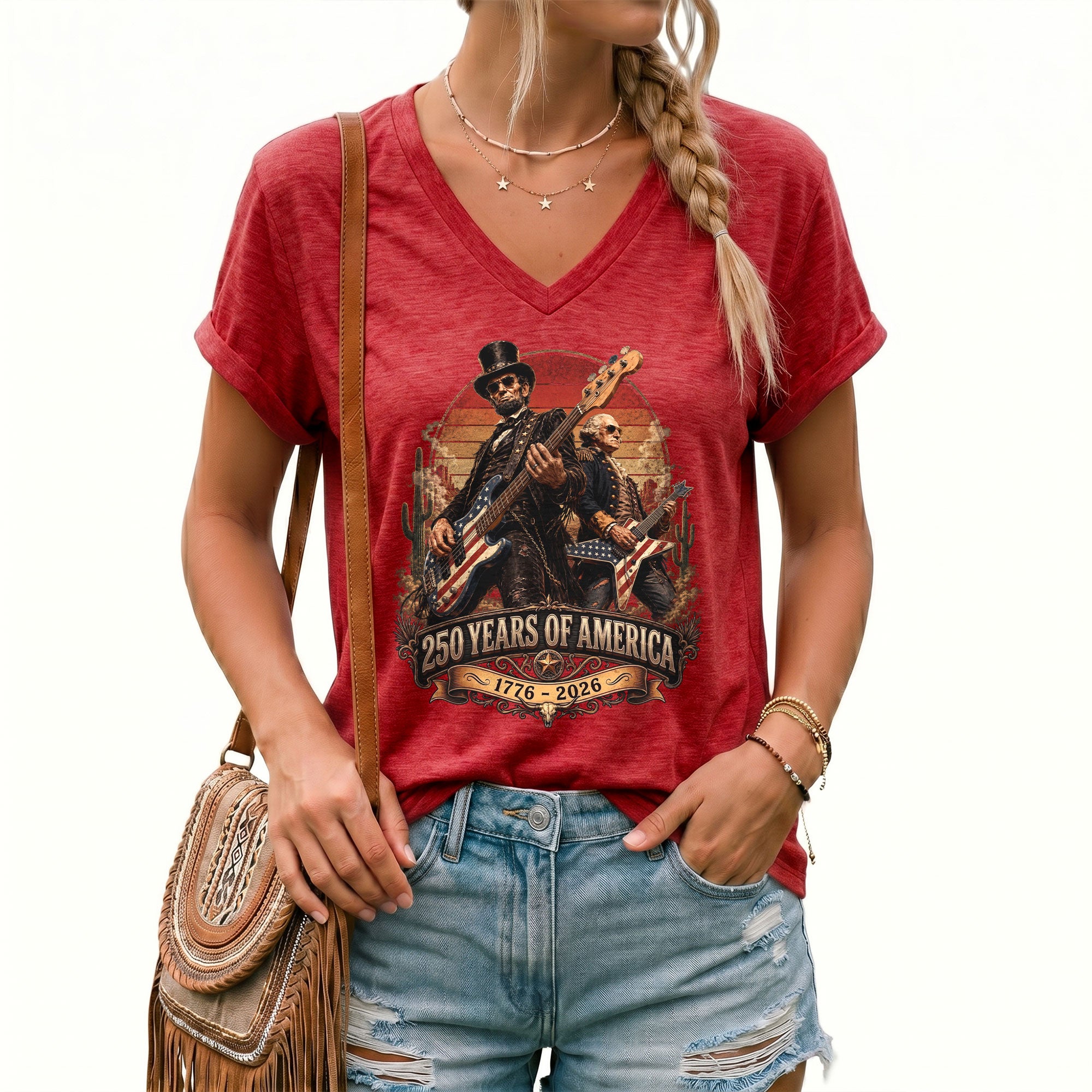 250 Years of America Rocking Icons V-neck Shirt - Vintage Patriotic Music Graphic Tee