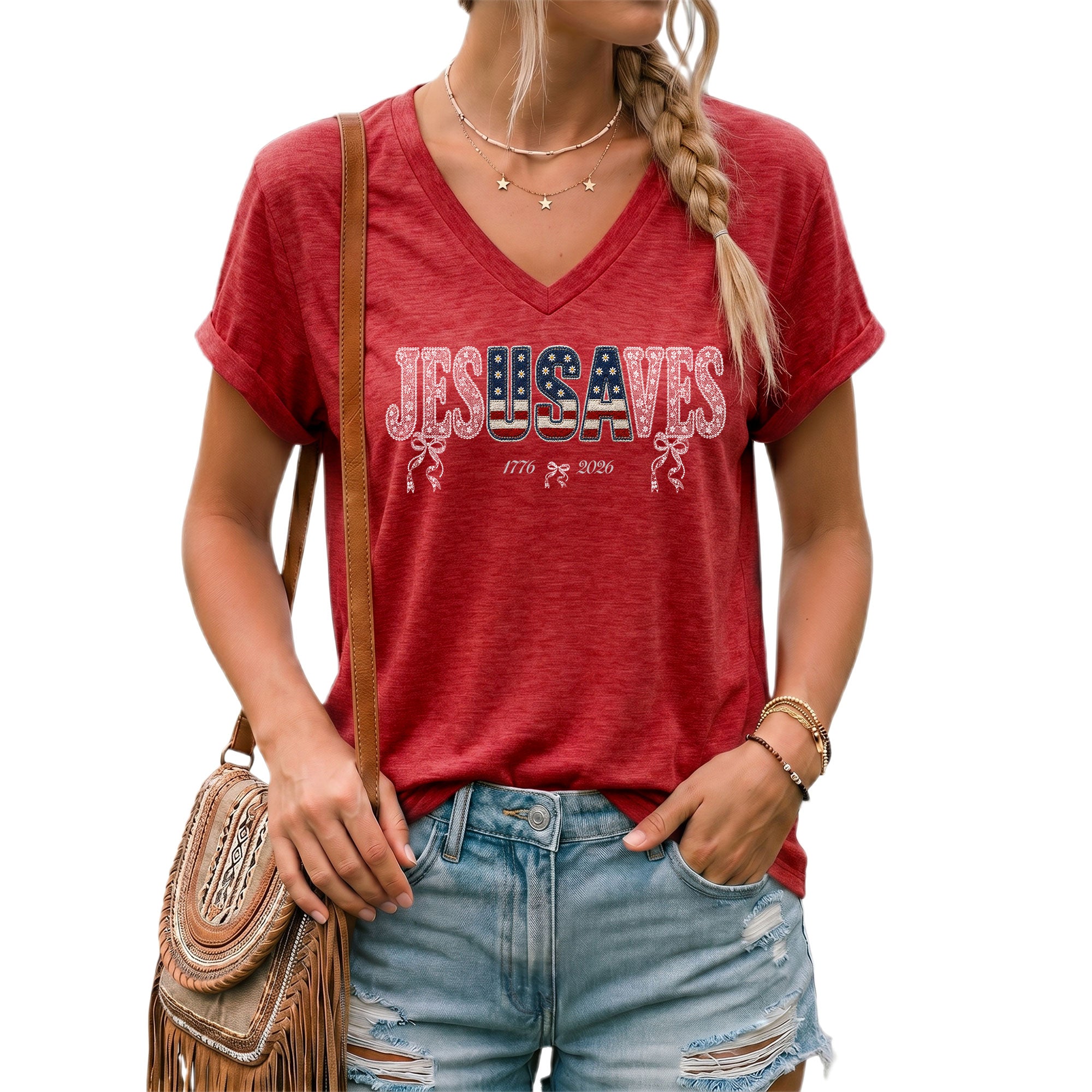 Jesus Saves Patriotic V-Neck Tee - 1776-2026 American Faith & Freedom Graphic Cotton Shirt