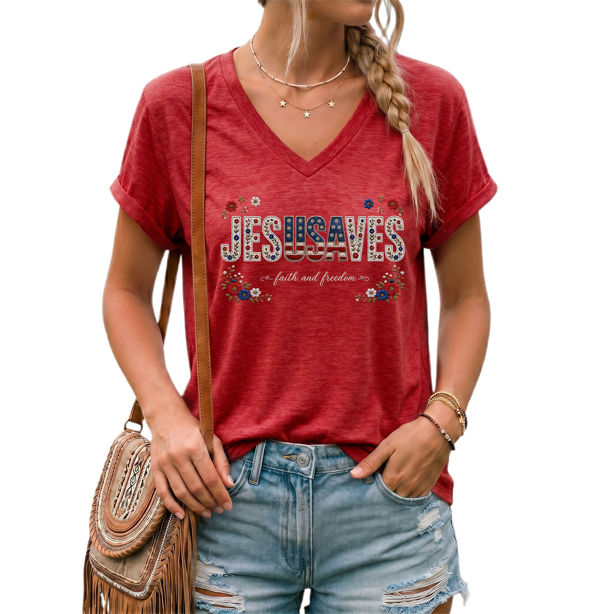Jesus Saves Patriotic V-Neck Tee - 1776-2026 American Faith & Freedom Graphic Cotton Shirt