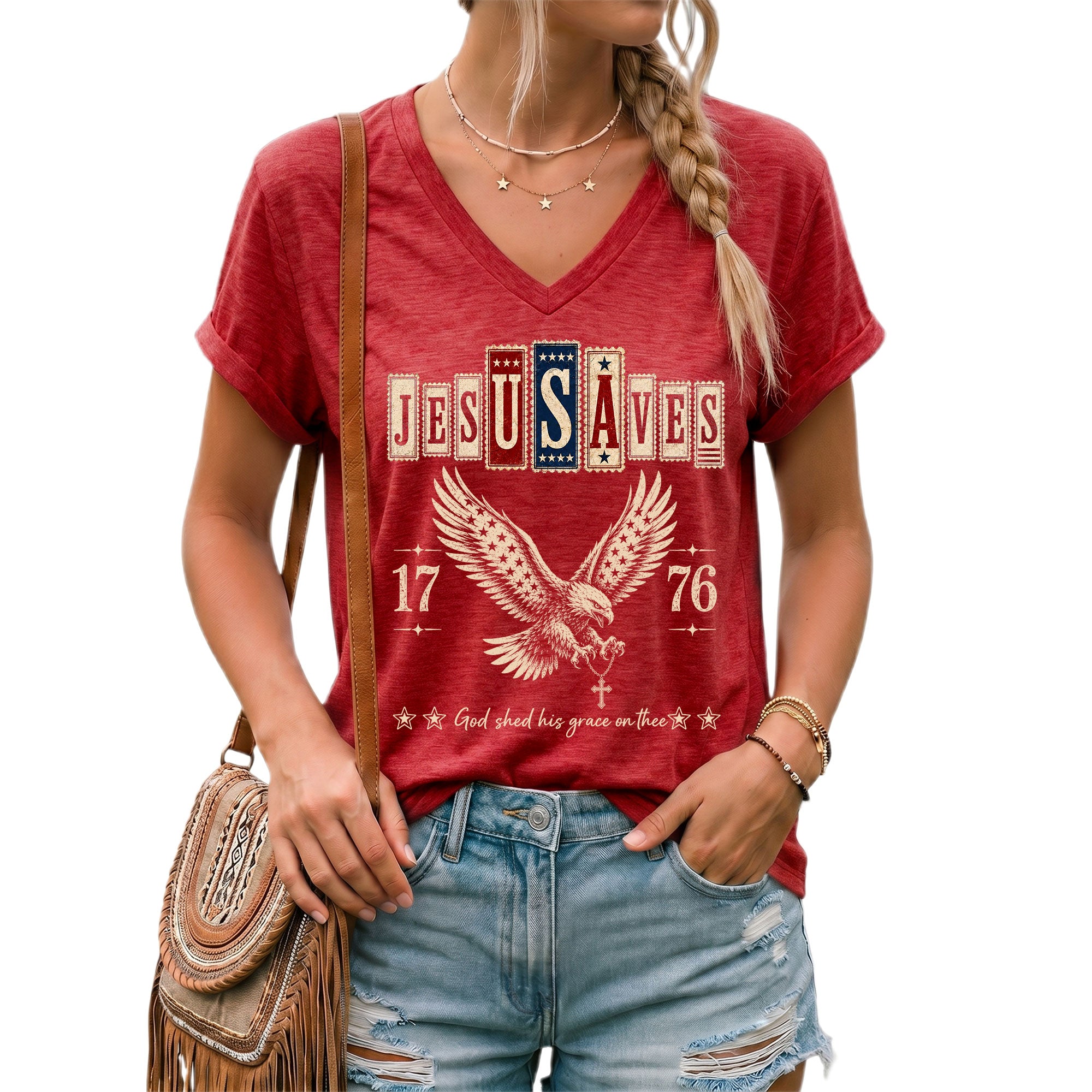 Jesus Saves Patriotic V-Neck Tee - Eagle & Cross 1776 American Heritage Graphic Cotton Shirt