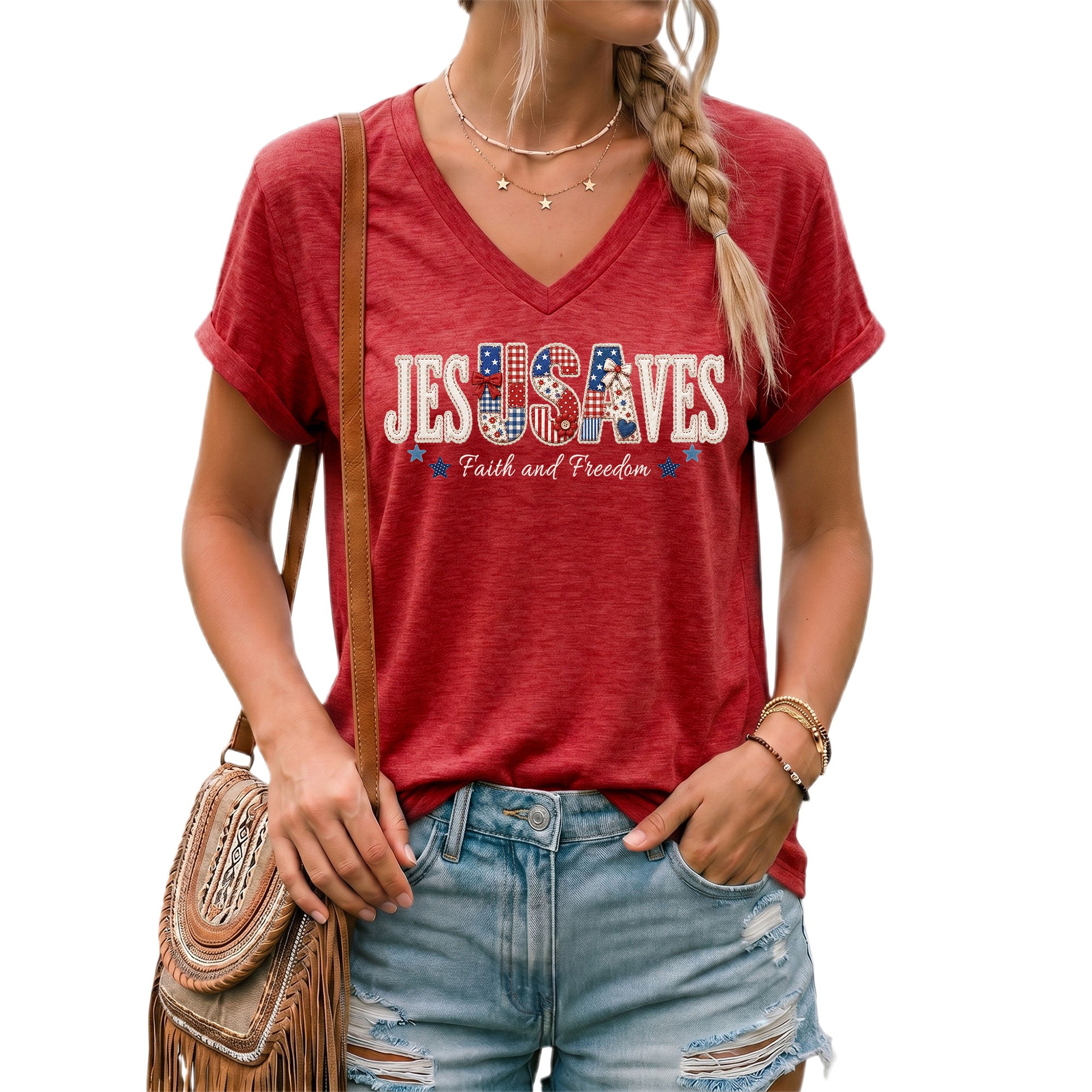 Jesus Saves Faith and Freedom V-Neck Tee - Patriotic Quilt Style Graphic Cotton Apparel