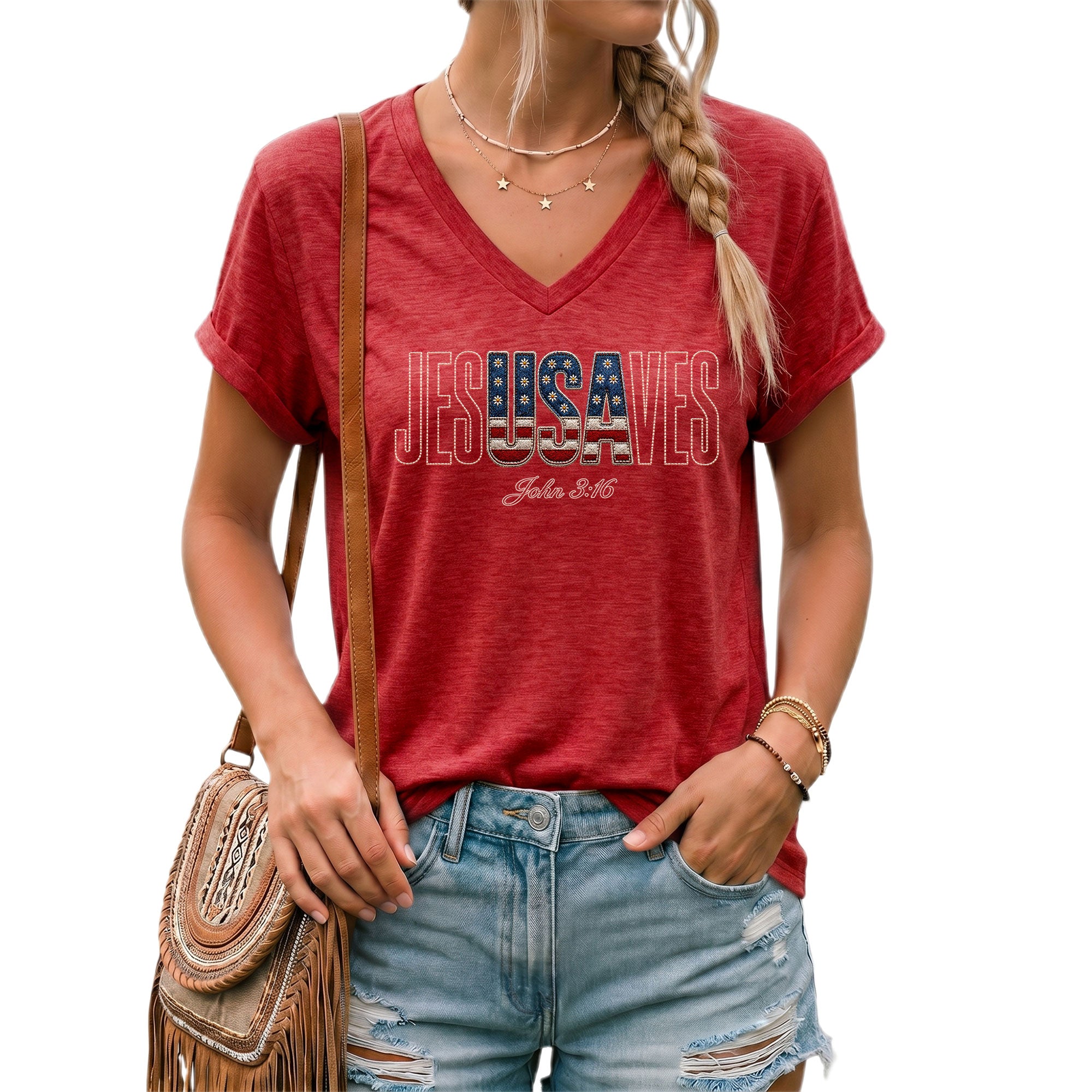 Jesus Saves USA Flag V-Neck T-Shirt John 3:16 Patriotic Graphic Tee Faith Apparel