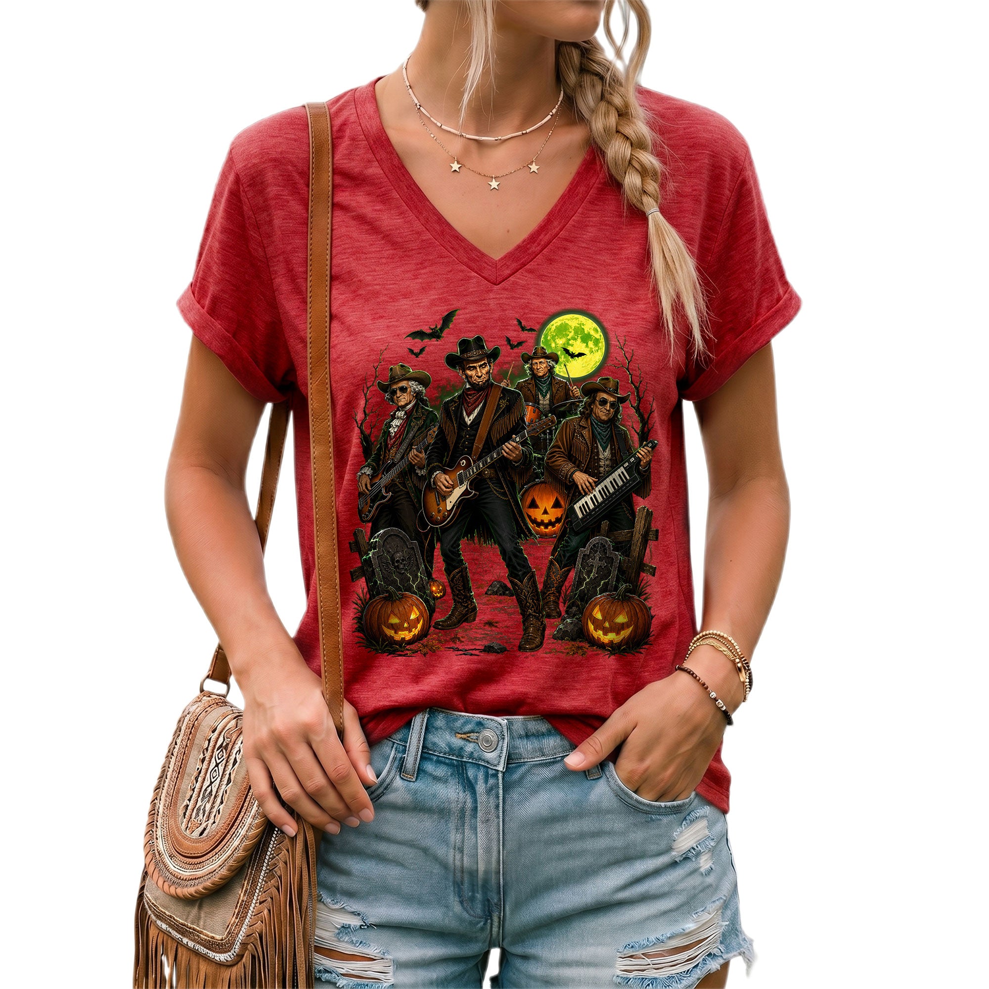 Halloween Lincoln Playing Guitar V-Neck Shirt Women Spooky Historical Rock Band Tee