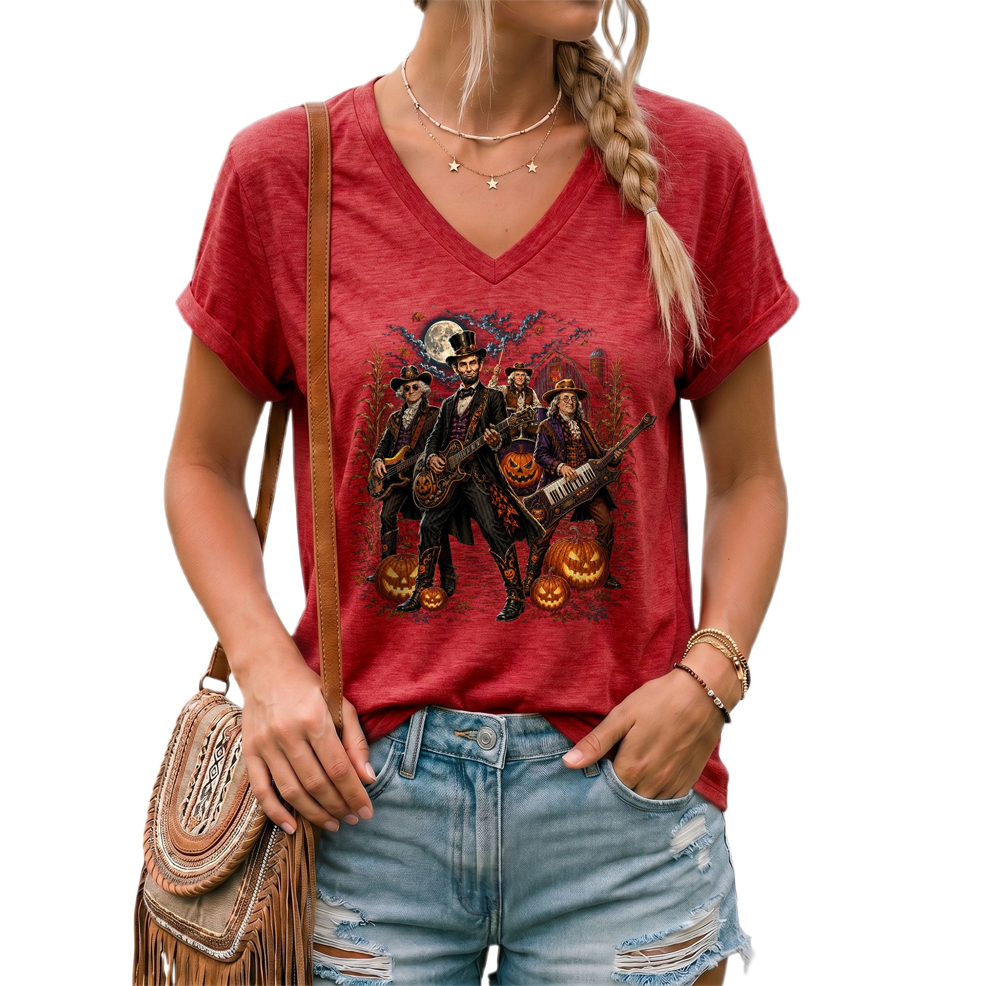 Lincoln Playing Guitar Halloween V-Neck Shirt Women Spooky Presidents Cornfield Tee