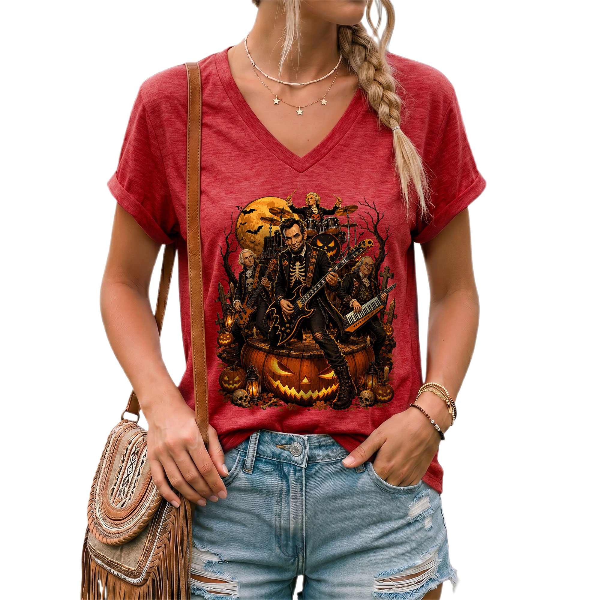 Lincoln Skeleton Guitar Halloween V-Neck Shirt Women Spooky Giant Pumpkin Band Tee