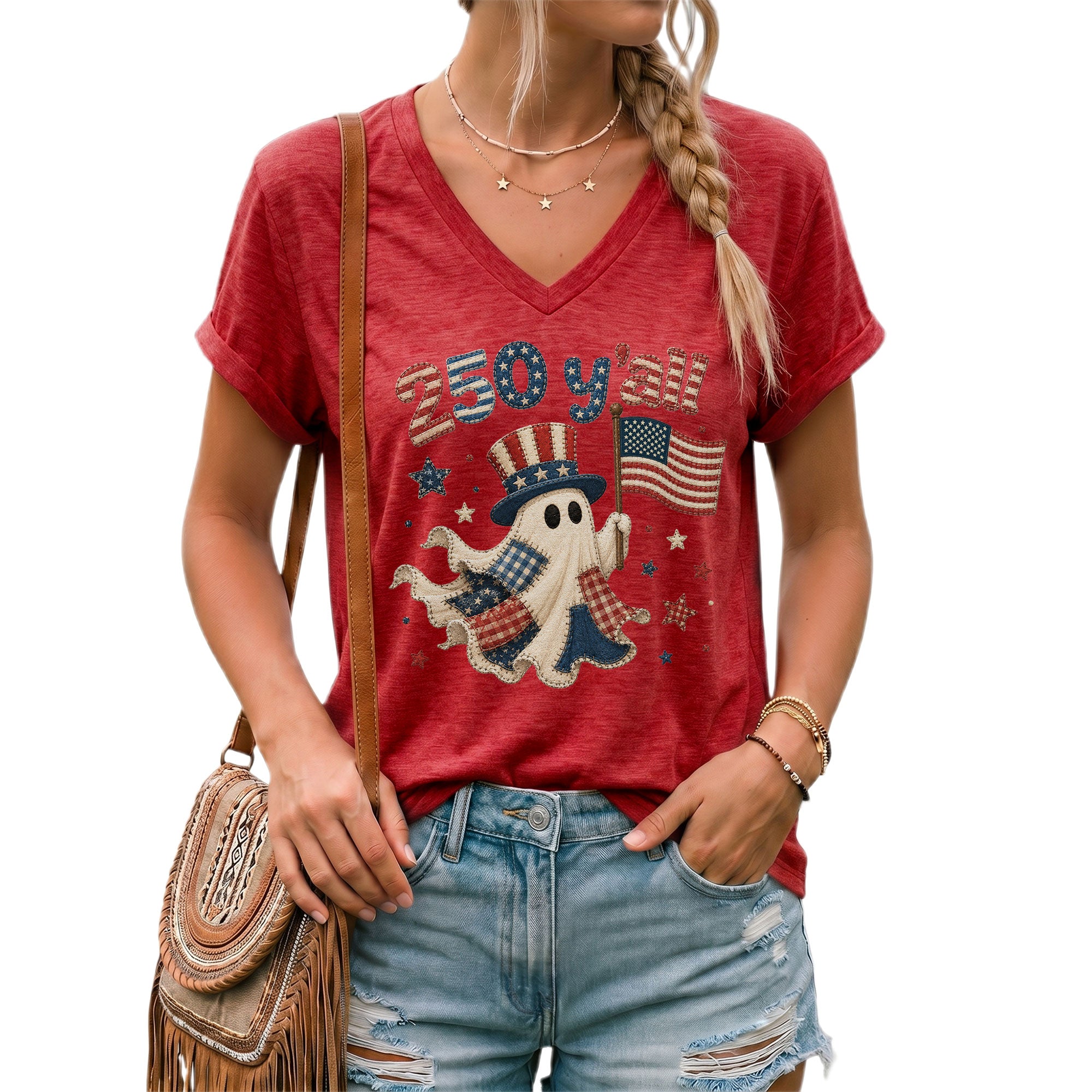 Patriotic Ghost Halloween V-Neck Shirt Women Cute Southern Y'all Uncle Sam Hat Tee