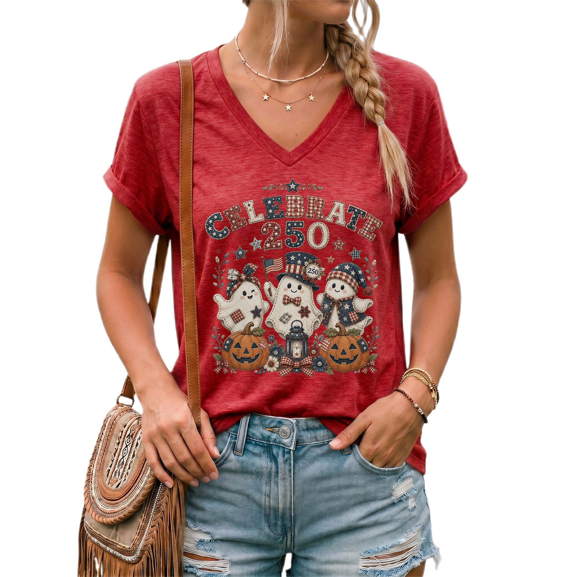 Patriotic Ghost Halloween V-Neck Shirt Women Cute Spooky Celebrate Party Graphic Tee