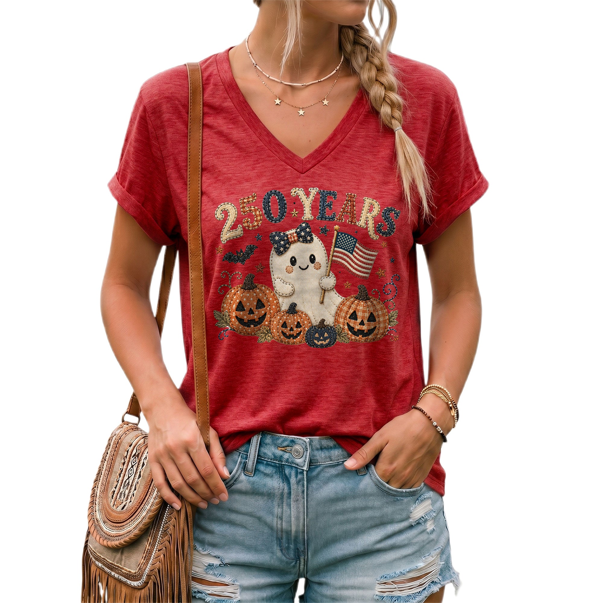 Cute Patriotic Ghost Halloween V-Neck Shirt Women Spooky Pumpkin Flag Graphic Tee