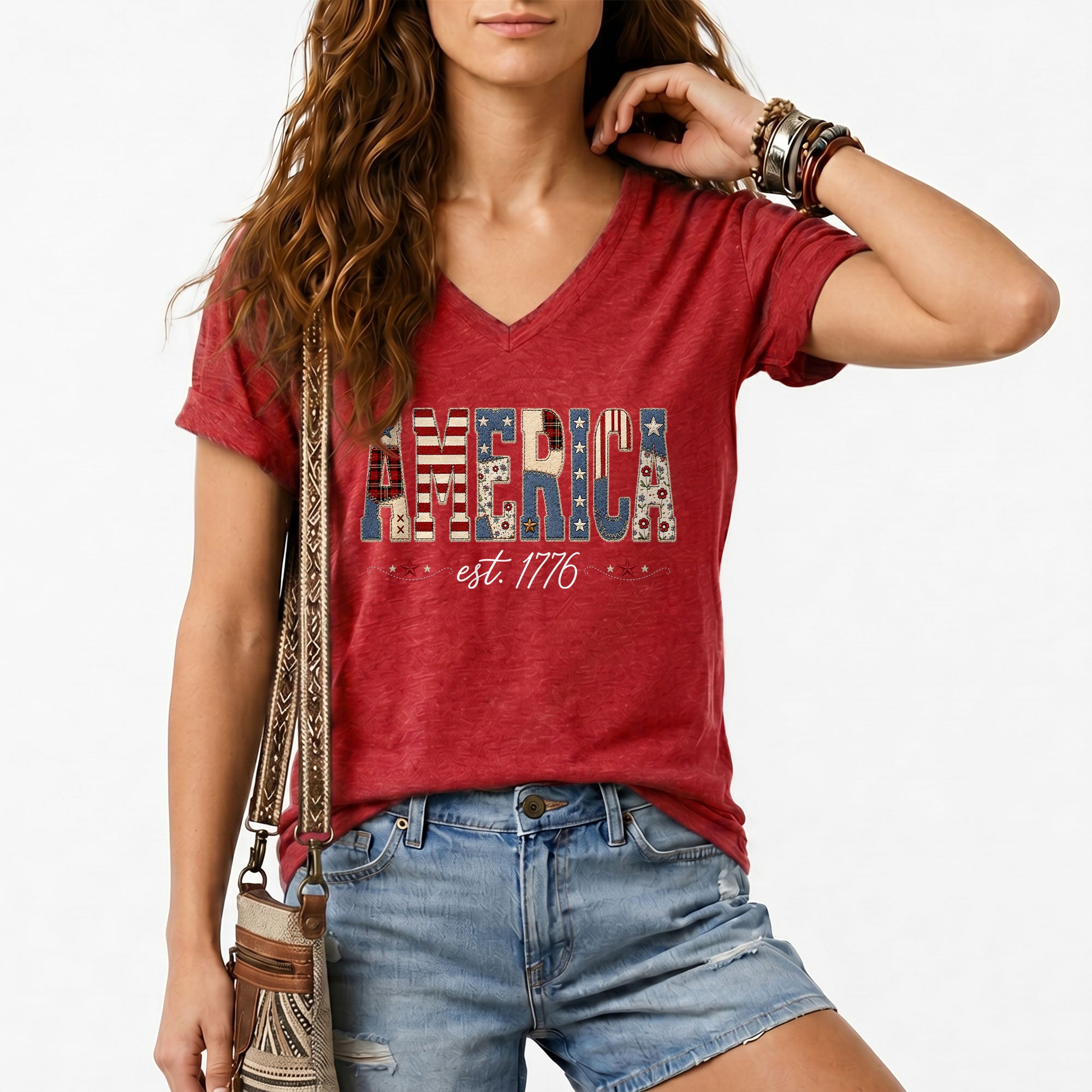 Patriotic America Est. 1776 V-Neck Tee - Women's Custom Graphic Summer Top