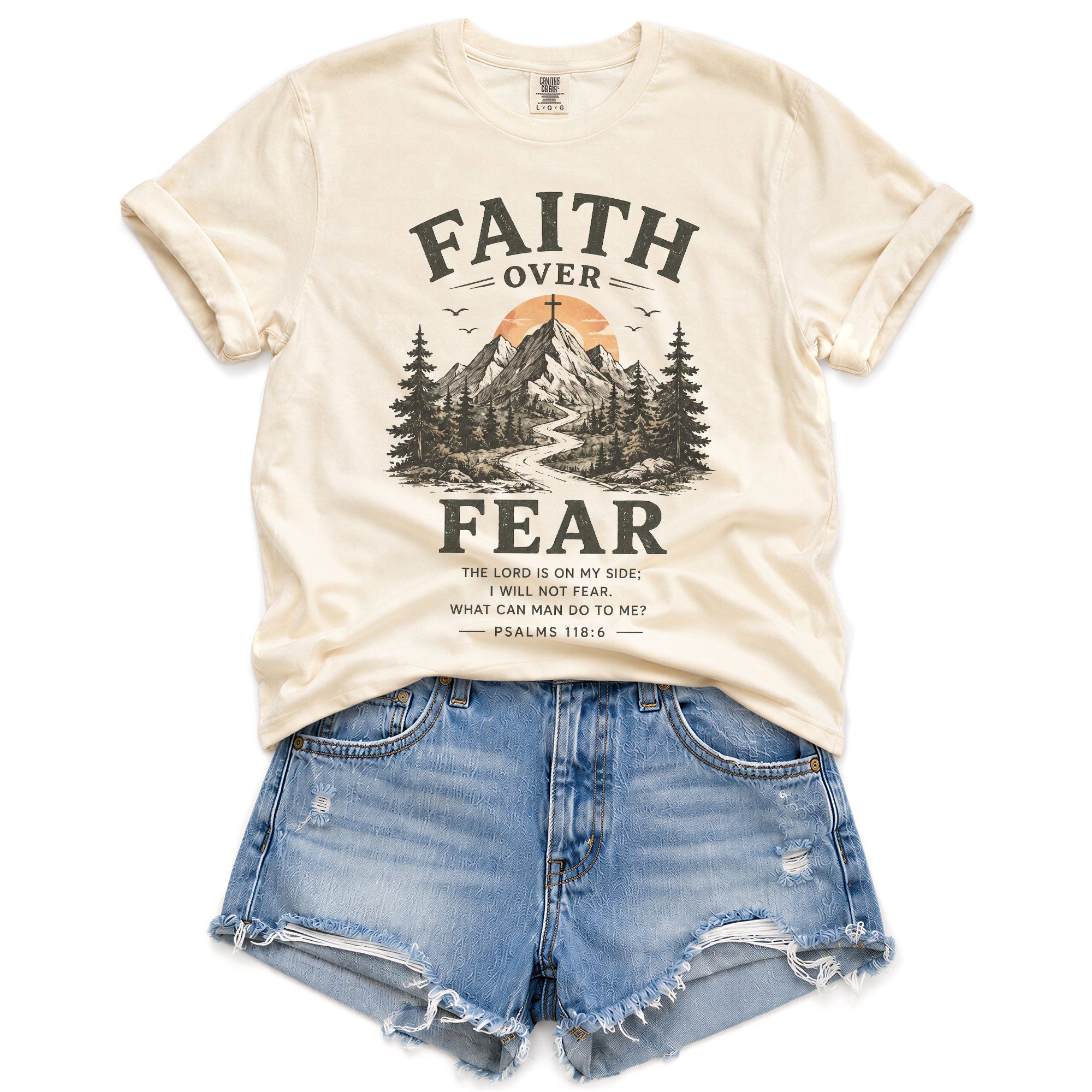 Faith Over Fear Christian Women Shirt Mountain Cross Graphic Inspirational Faith Tee