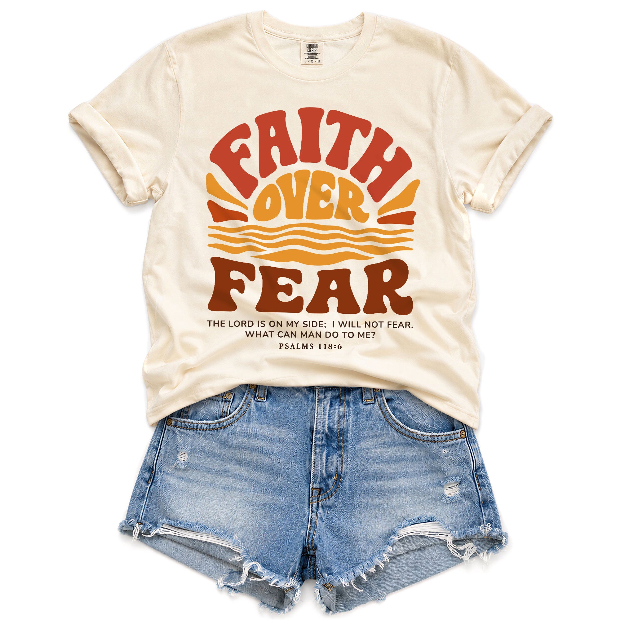 Faith Over Fear Christian Women Shirt Retro Sunset Graphic Inspirational Scripture Tee