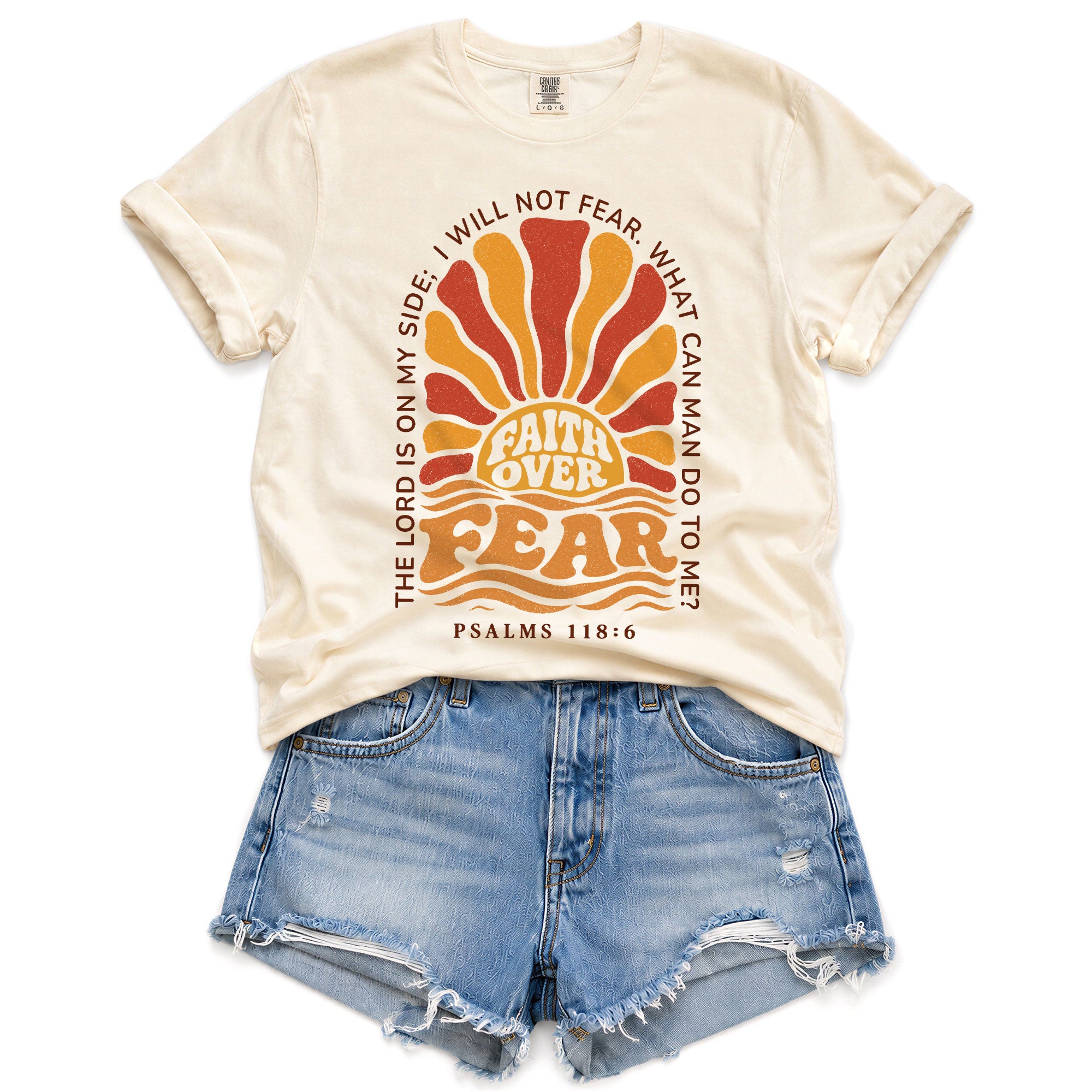 Faith Over Fear Christian Shirt Retro Sunburst Bible Verse Women T-Shirt Tee Gift - Rust Field Wear