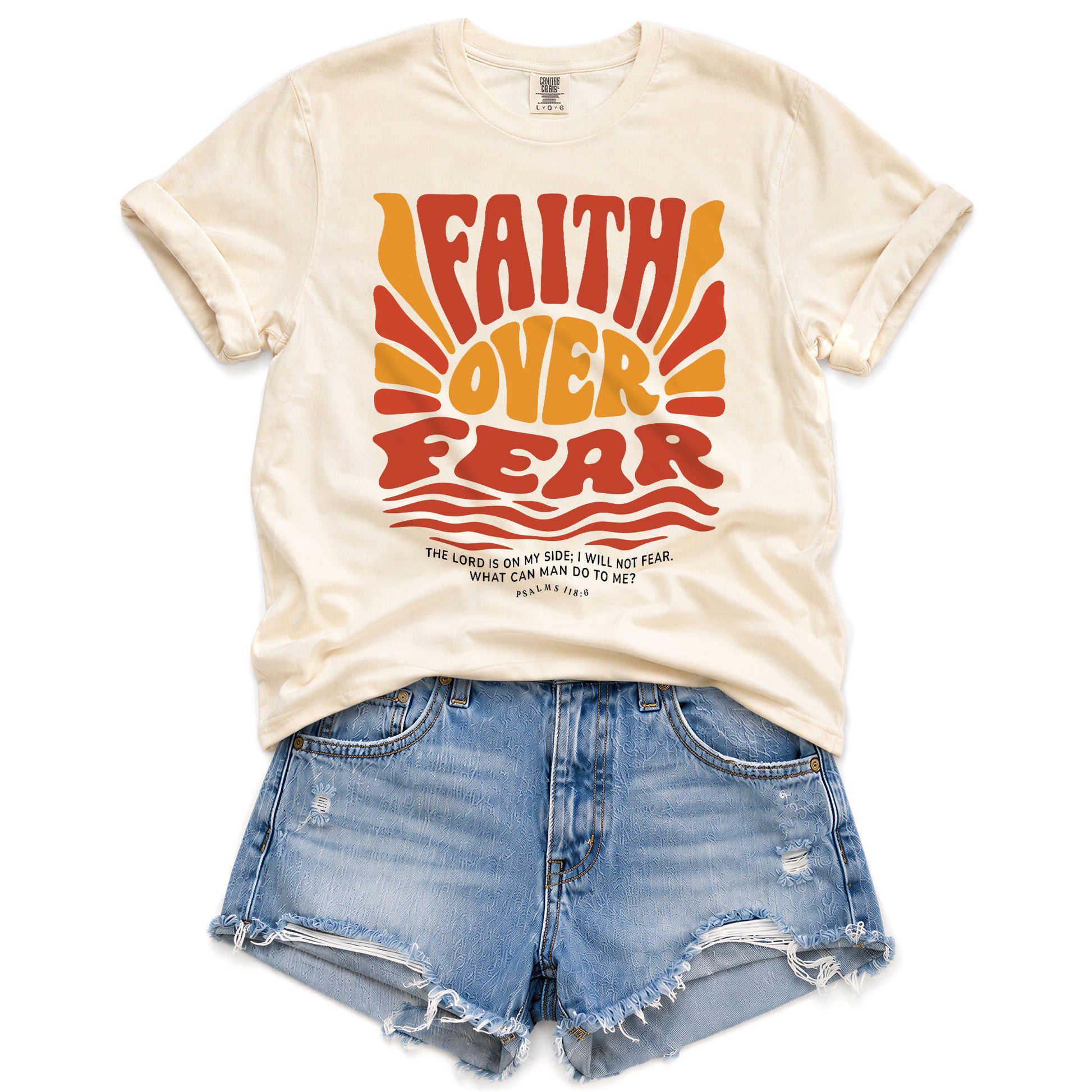 Faith Over Fear Christian Women Shirt Retro Wavy Font Graphic T-Shirt Psalms 118:6 - Rust Field Wear