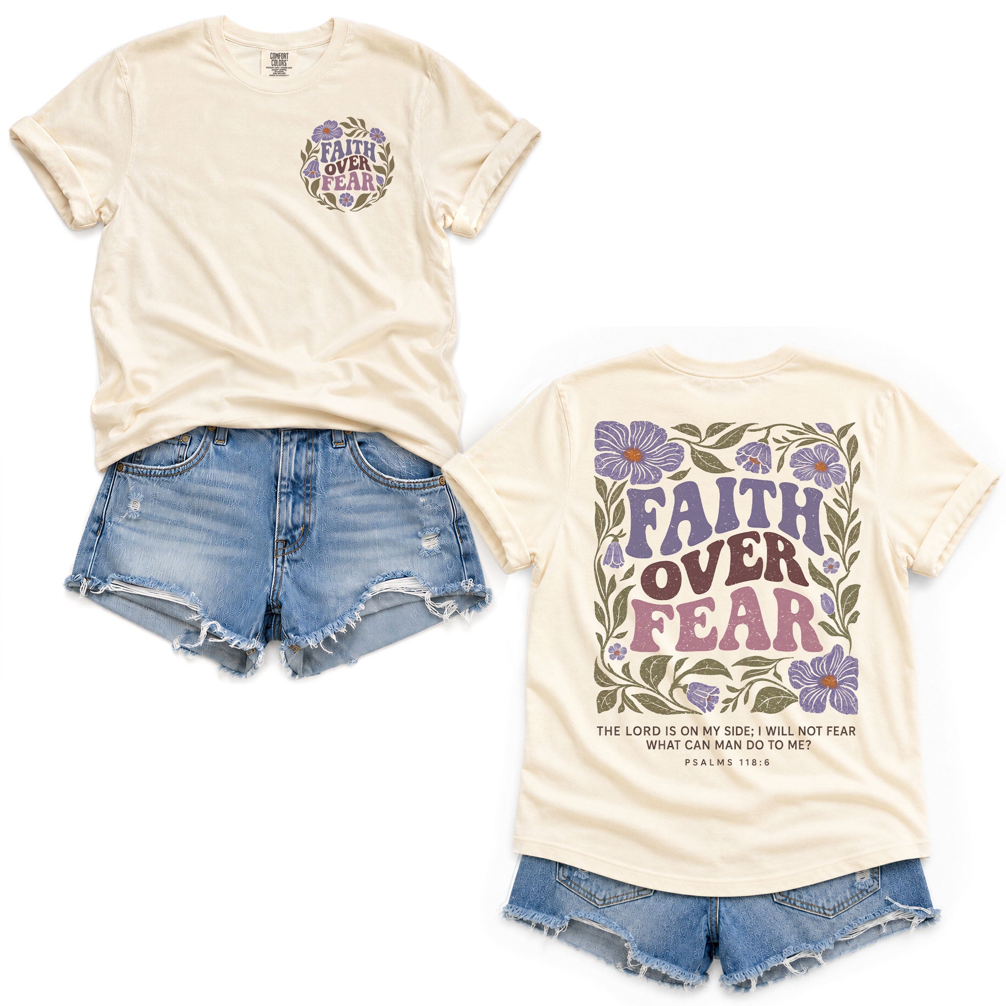 Faith Over Fear Christian Women Shirt Purple Floral Bible Verse T-Shirt Psalms 118:6