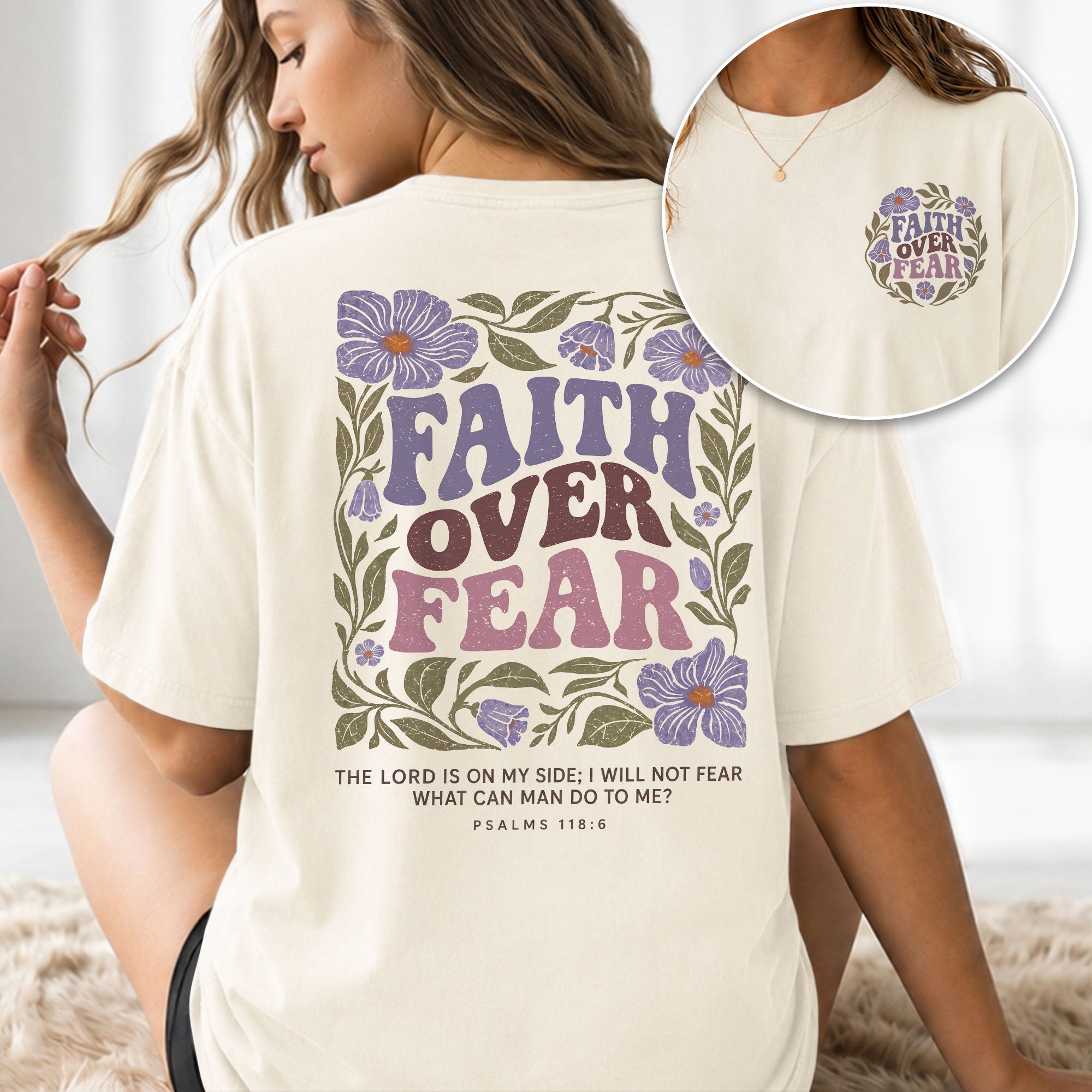 Faith Over Fear Christian Women Shirt Purple Floral Bible Verse T-Shirt Psalms 118:6 - Rust Field Wear