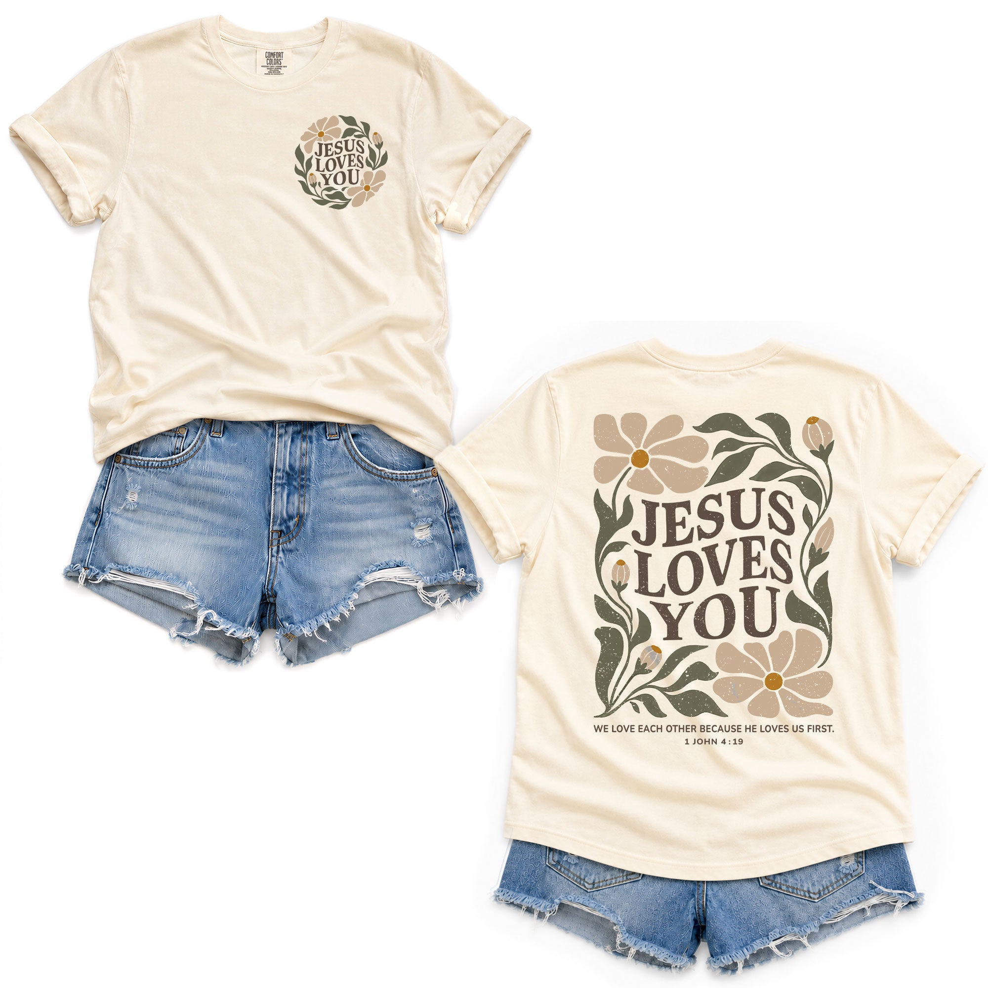 Jesus Loves You Retro Floral 1 John 4 19 Scripture Christian T Shirt Apparel Women