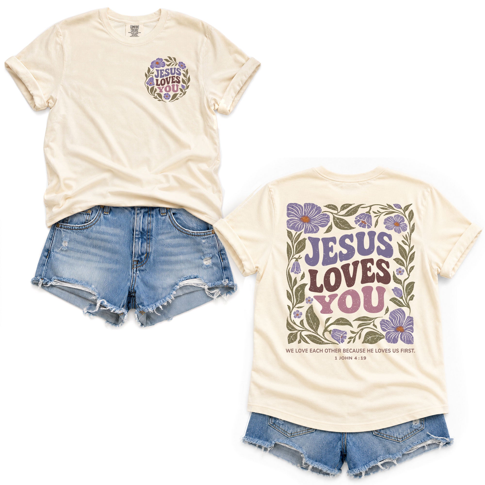 Jesus Loves You Retro Purple Floral 1 John 4 19 Christian T Shirt Apparel Women Top