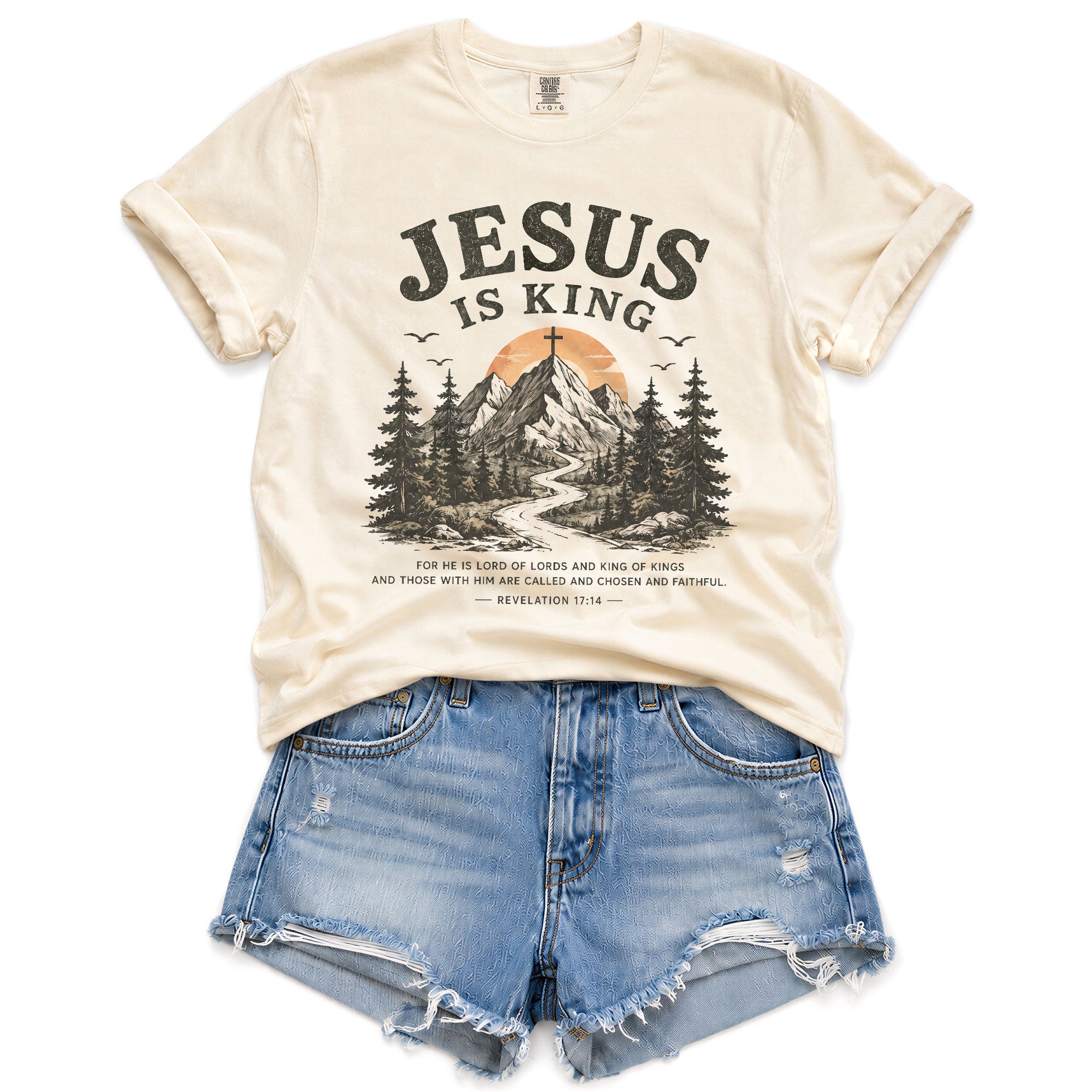 Jesus Is King Mountain Cross Trees Revelation 17 14 Graphic Christian T Shirt Women