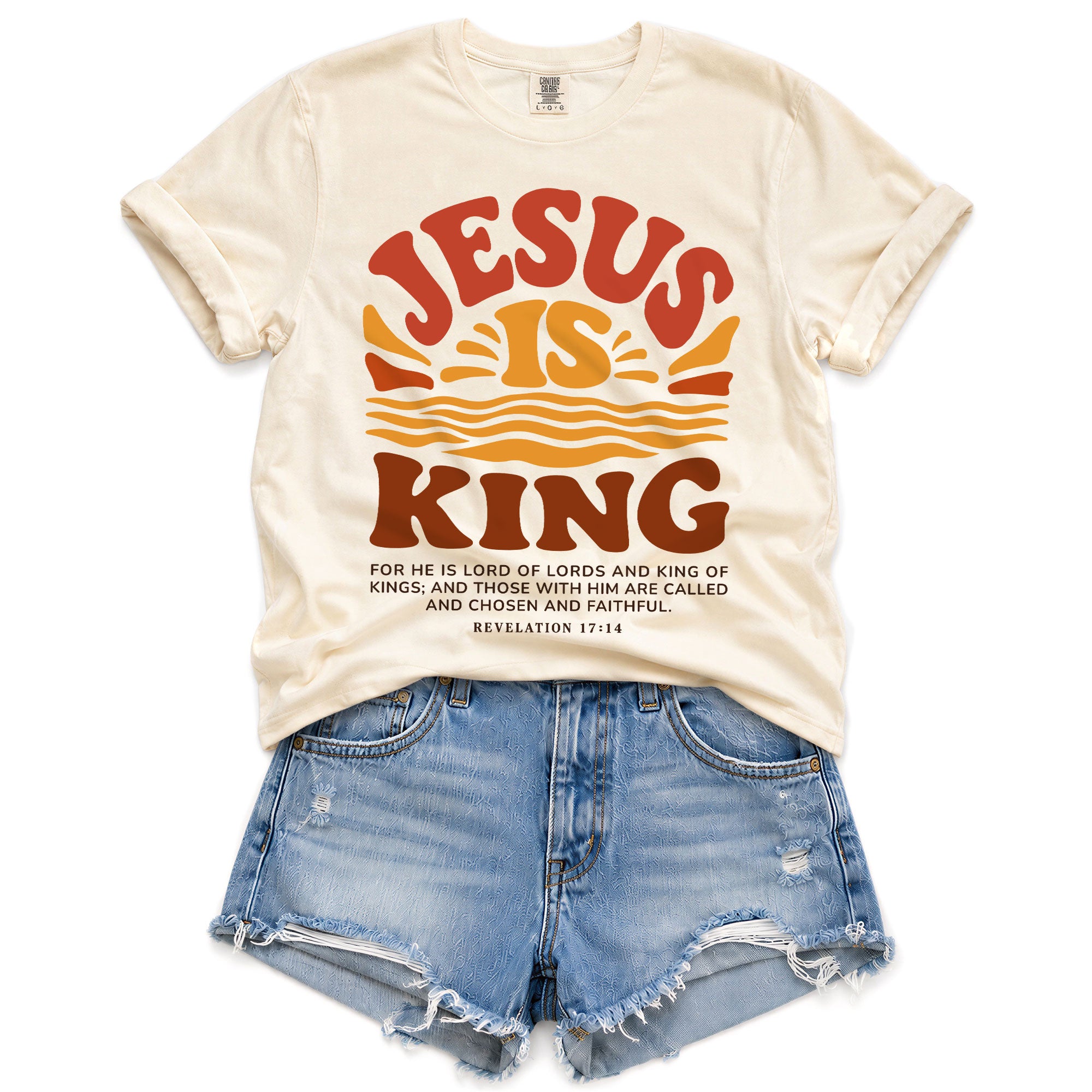 Jesus Is King Retro Sunset Waves Revelation 17 14 Graphic Christian T Shirt Women