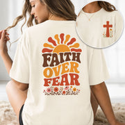 Faith Over Fear Retro Sun Floral Christian Graphic Casual Crewneck Tee Shirt Women